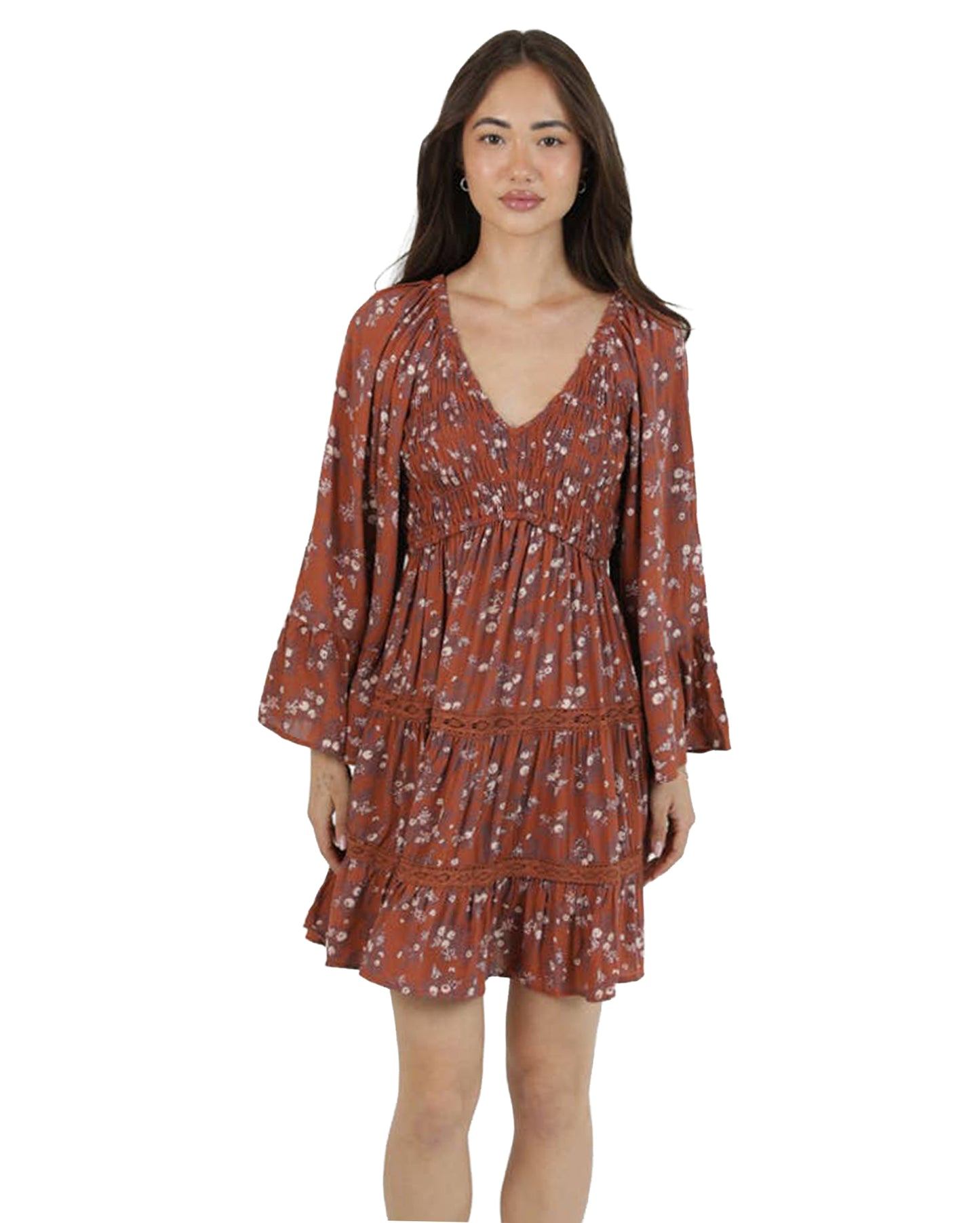 Women's Smocked V-Neck Long Sleeve Mini Dress - C4D35-Wa40-Rust