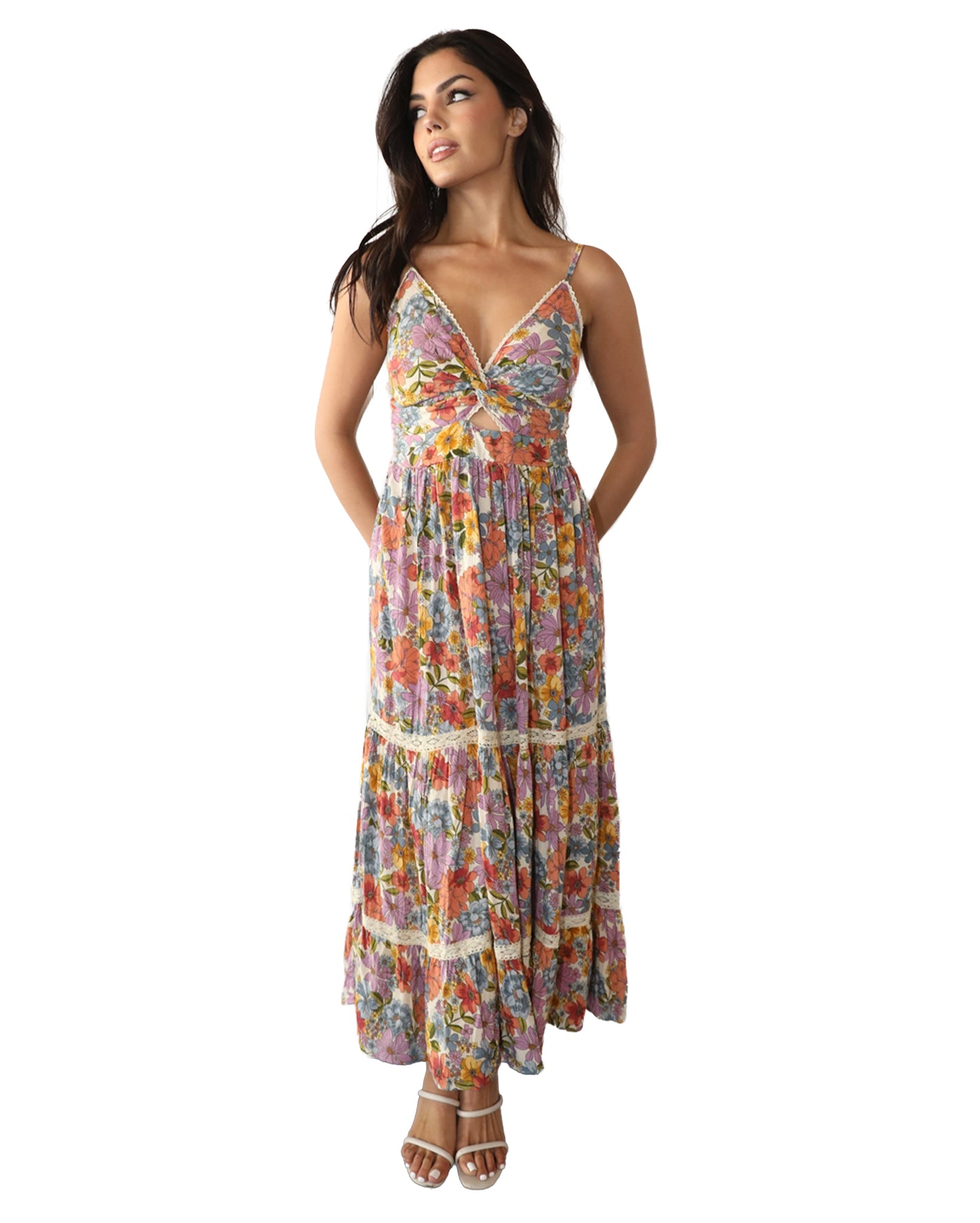 Women's Twist Front Floral Maxi Dress - F4F48-A855-Ivory