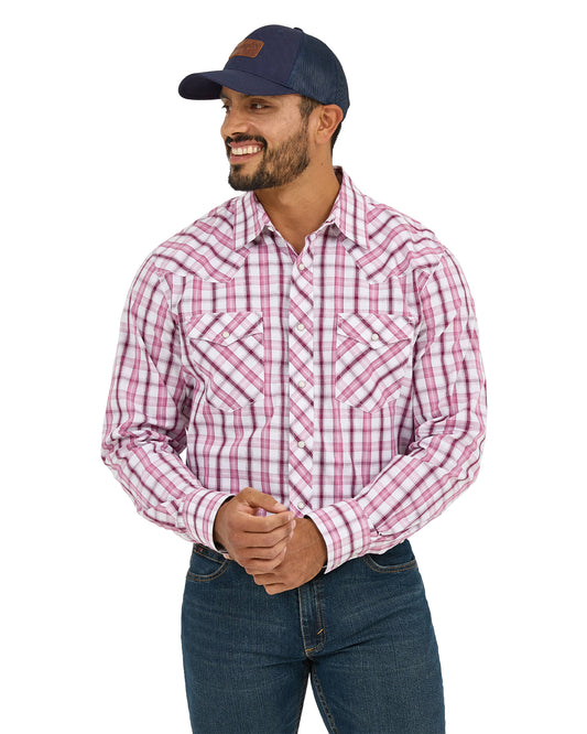 Men's 20X Competition Advanced Comfort Plaid Western Shirt by Wrangler from Skip’s Western Outfitters | WRA-112365389-S-MEDIUM-PINK