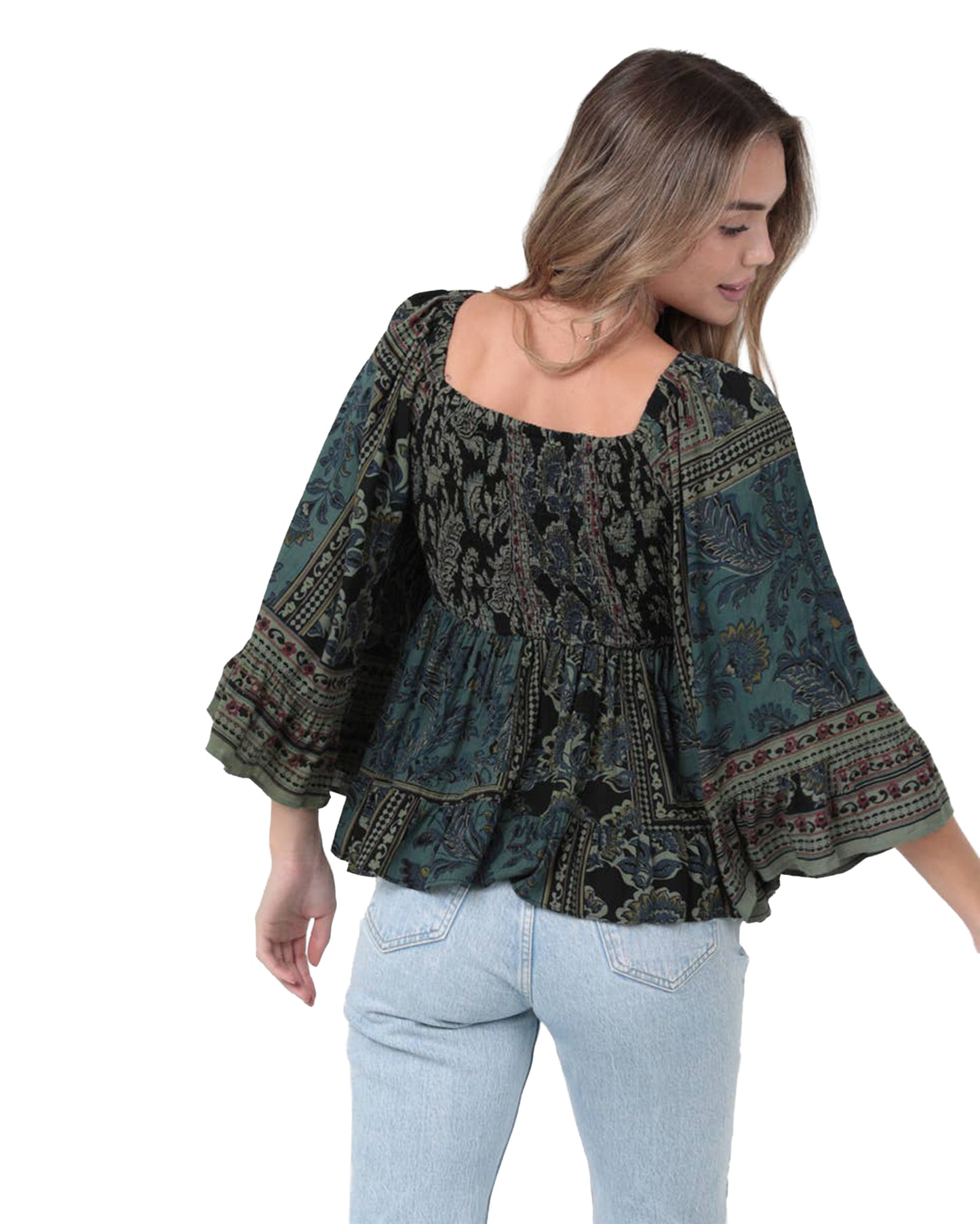 Women's V-Neck Smocked Bodice Blouse - C2584-A908-Green