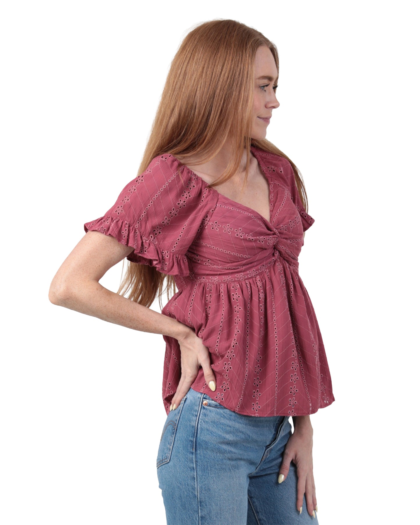 Women's Eyelet Embroidered Twist Front Blouse - C2186-Em08-Dried Rose