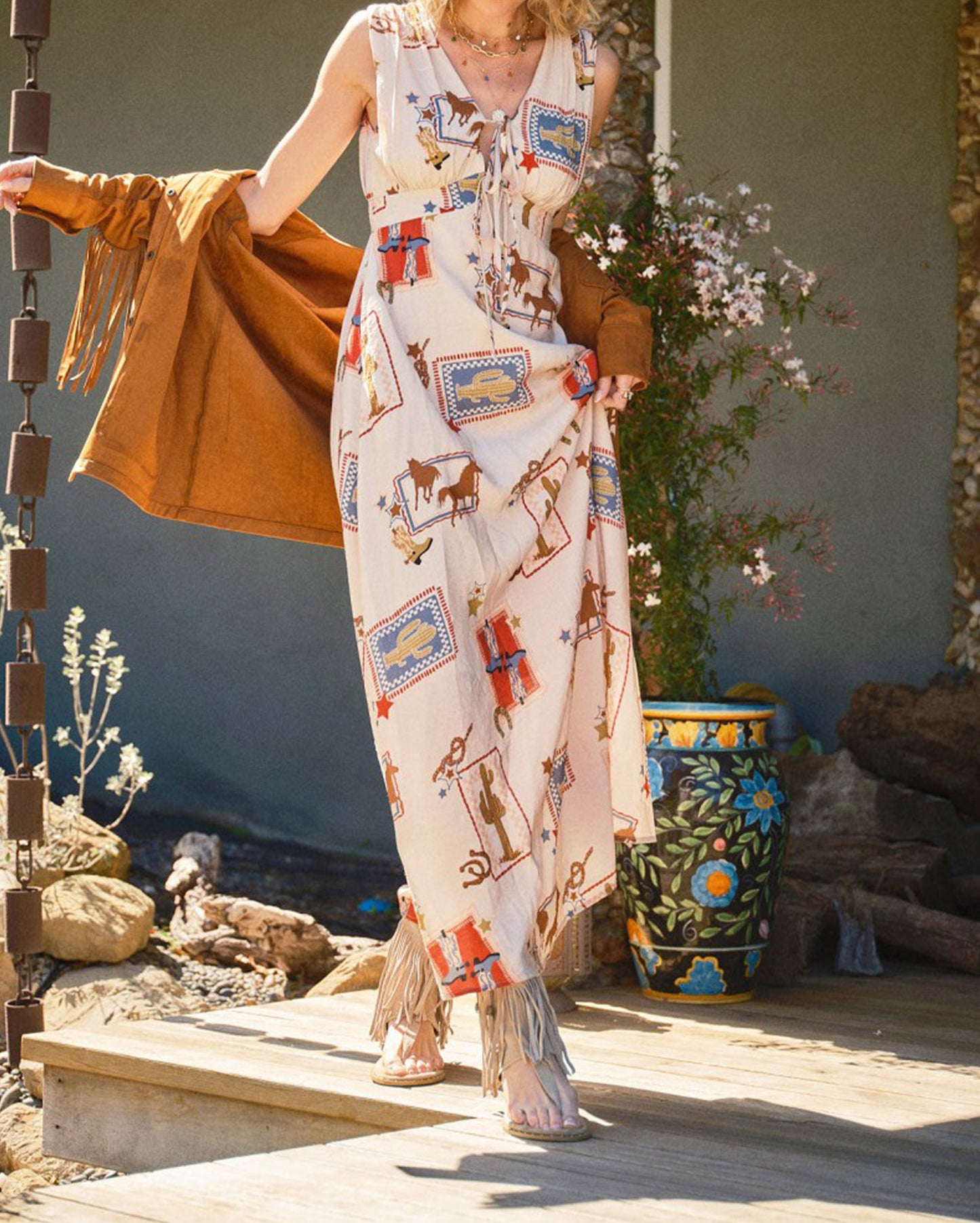 Women's Western Motif Tie-Front Maxi Dress