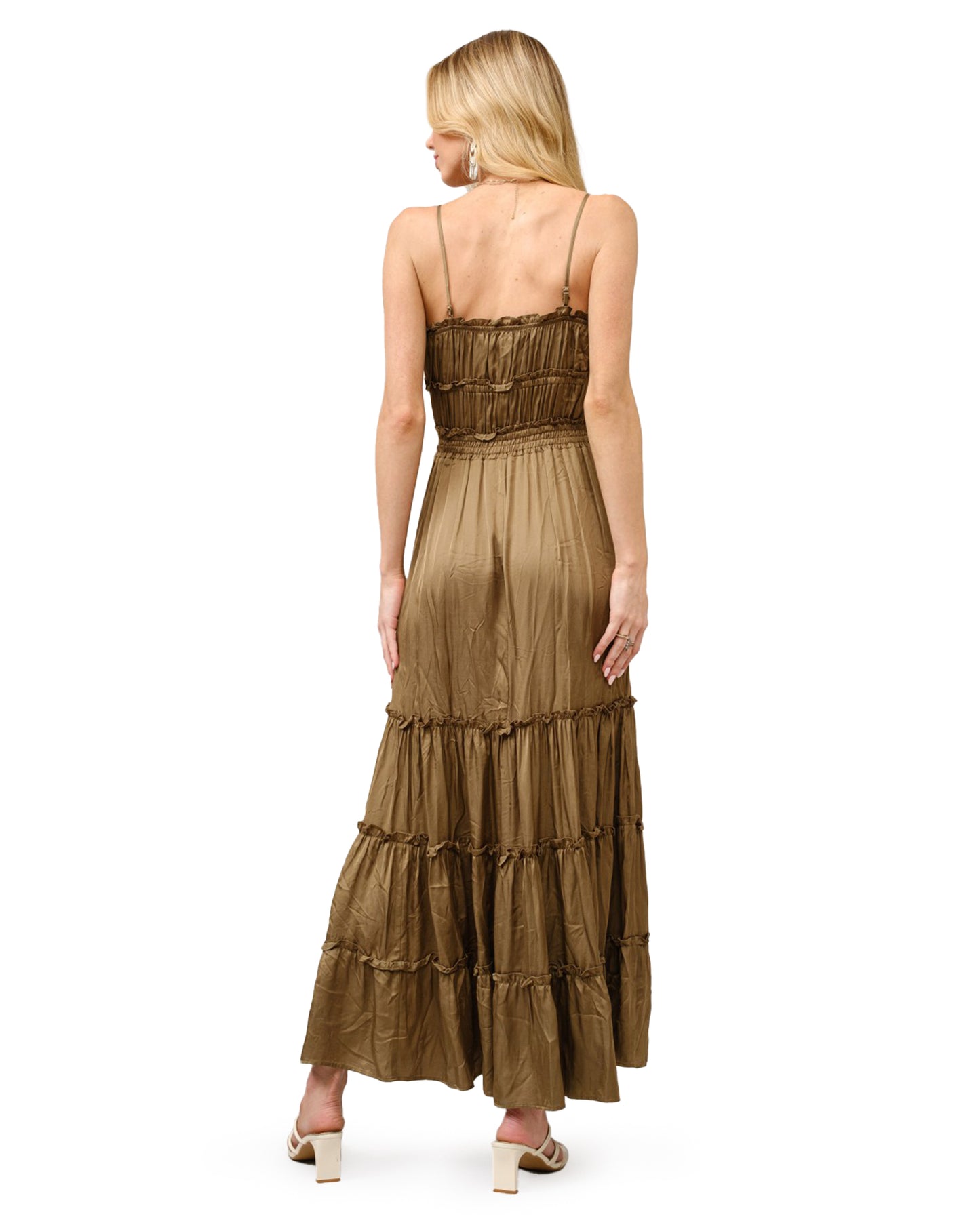 Women's Tencel Rayon Satin Touch Tiered Maxi Dress