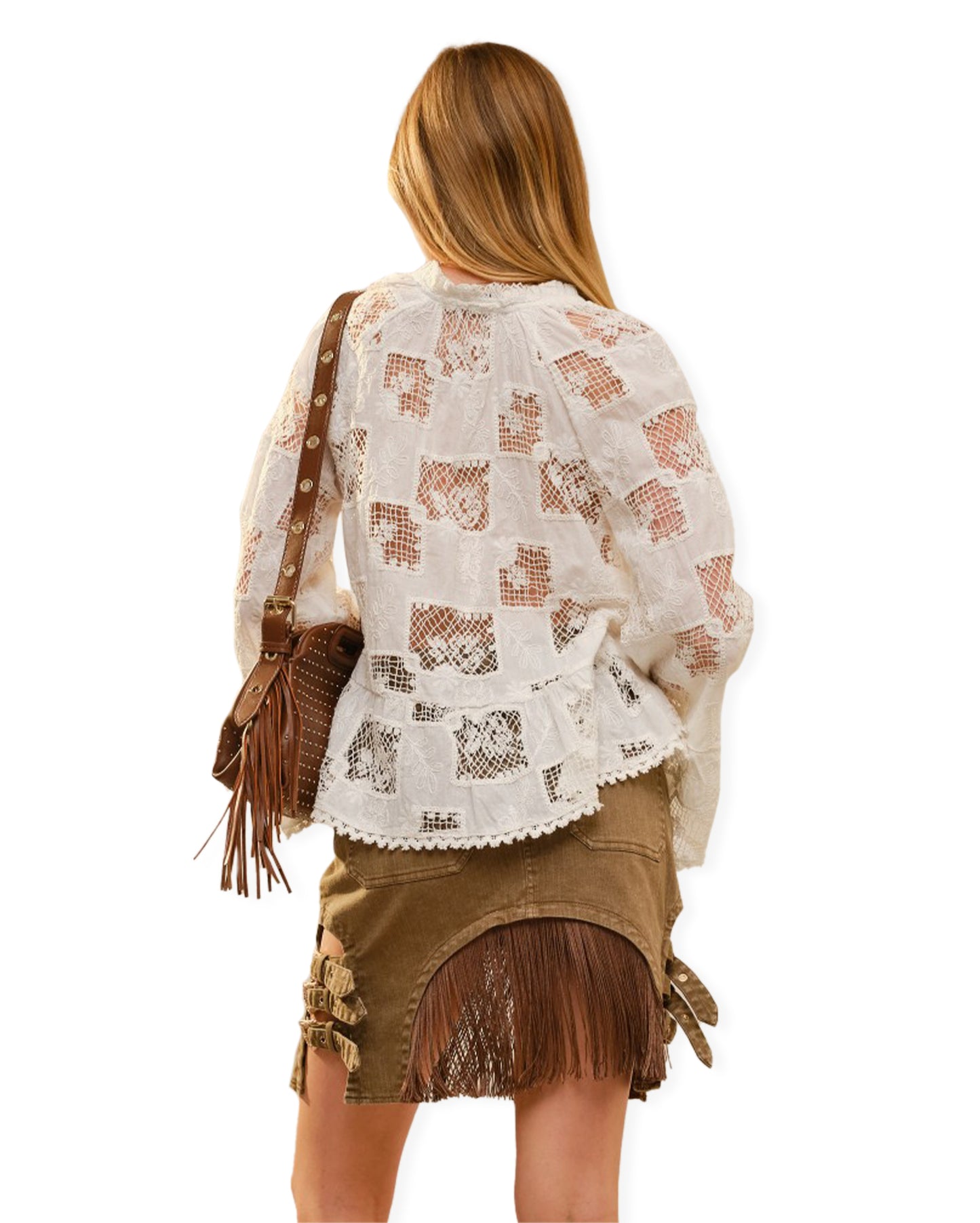 Women's Ruffle Sleeve Crochet Peplum Top