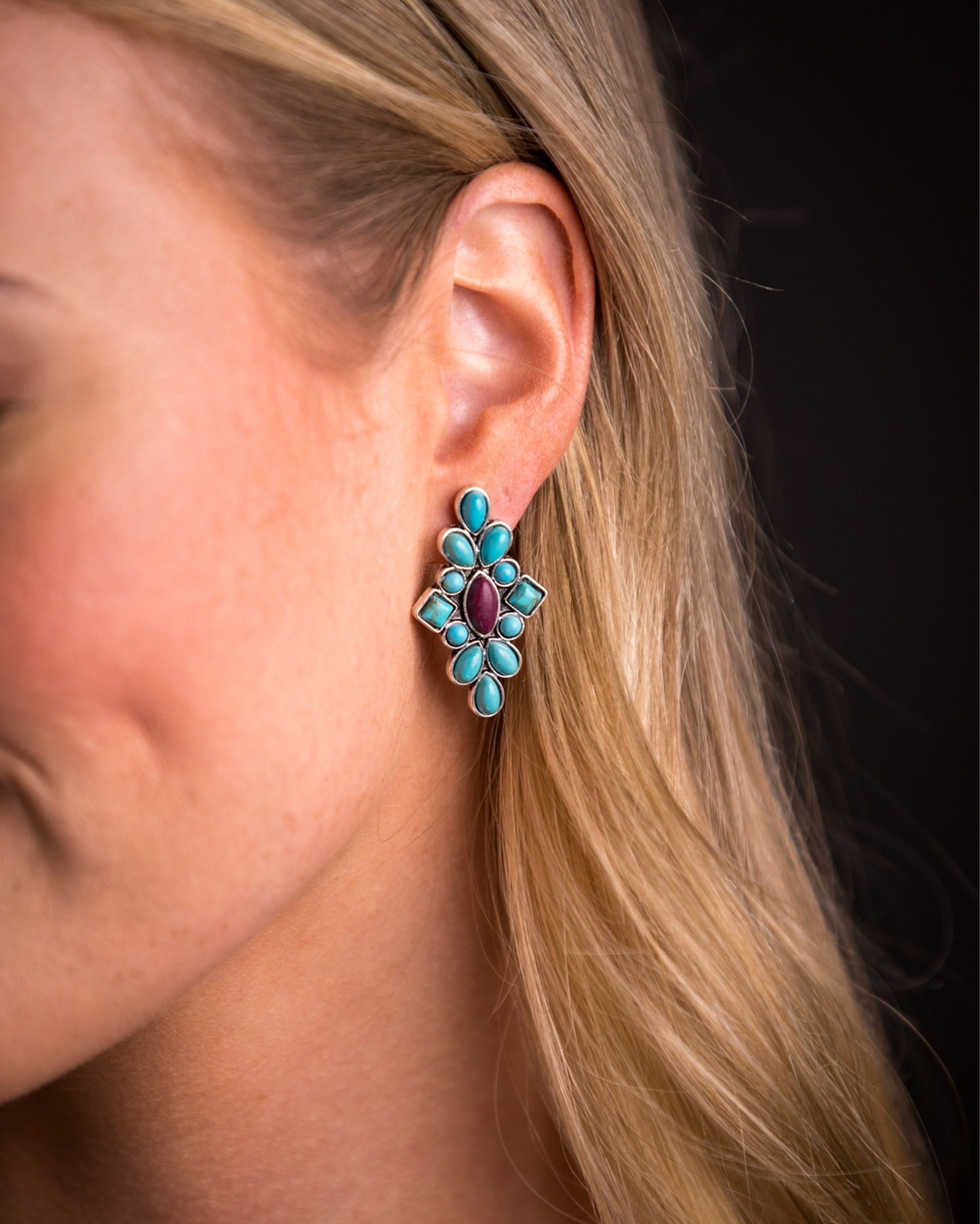 Women's 1.25" Dainty Turquoise And Plum Cluster Post Earrings - E917Tqplu