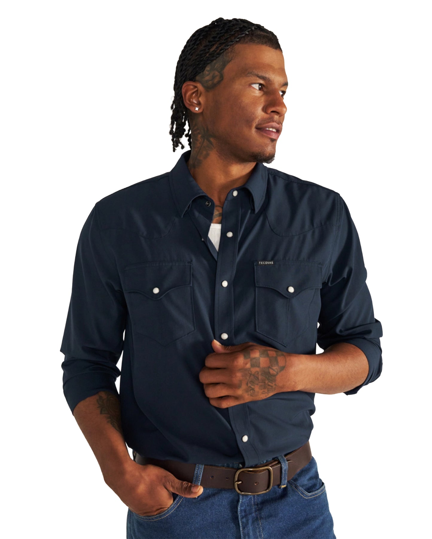 Men's Performance Western Pearl Snap Long Sleeve Shirt - 40363-Nav