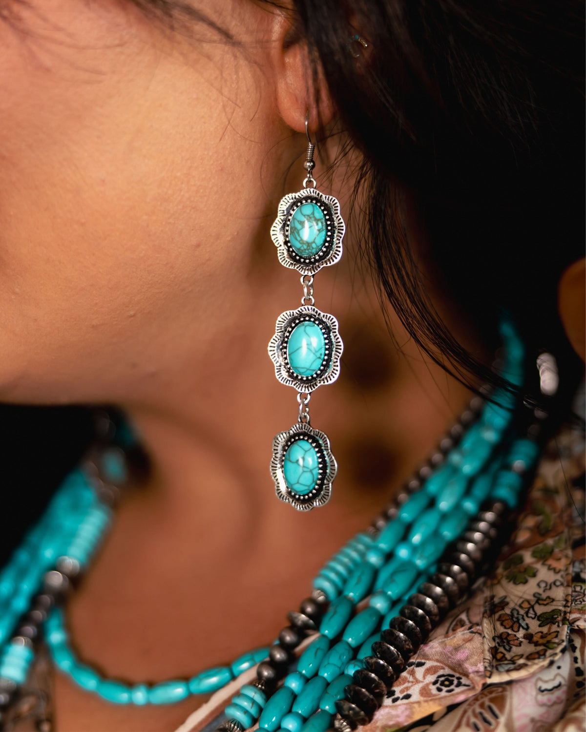 Women's 3 Tier Turquoise Earring On Fishhook - E840