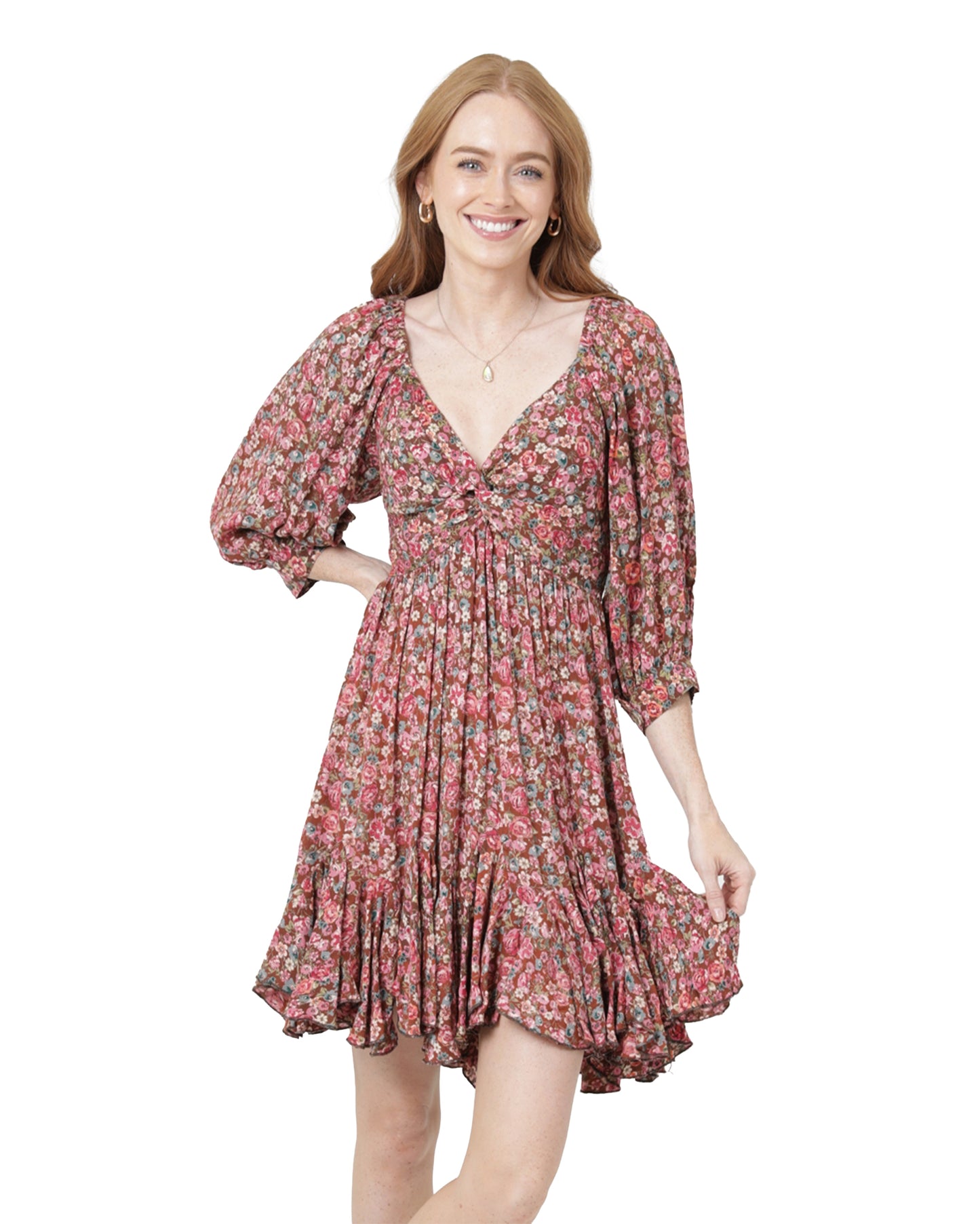 Women's Twist Front Flounce Long Sleeve Dress - C4H54-A952-Brown