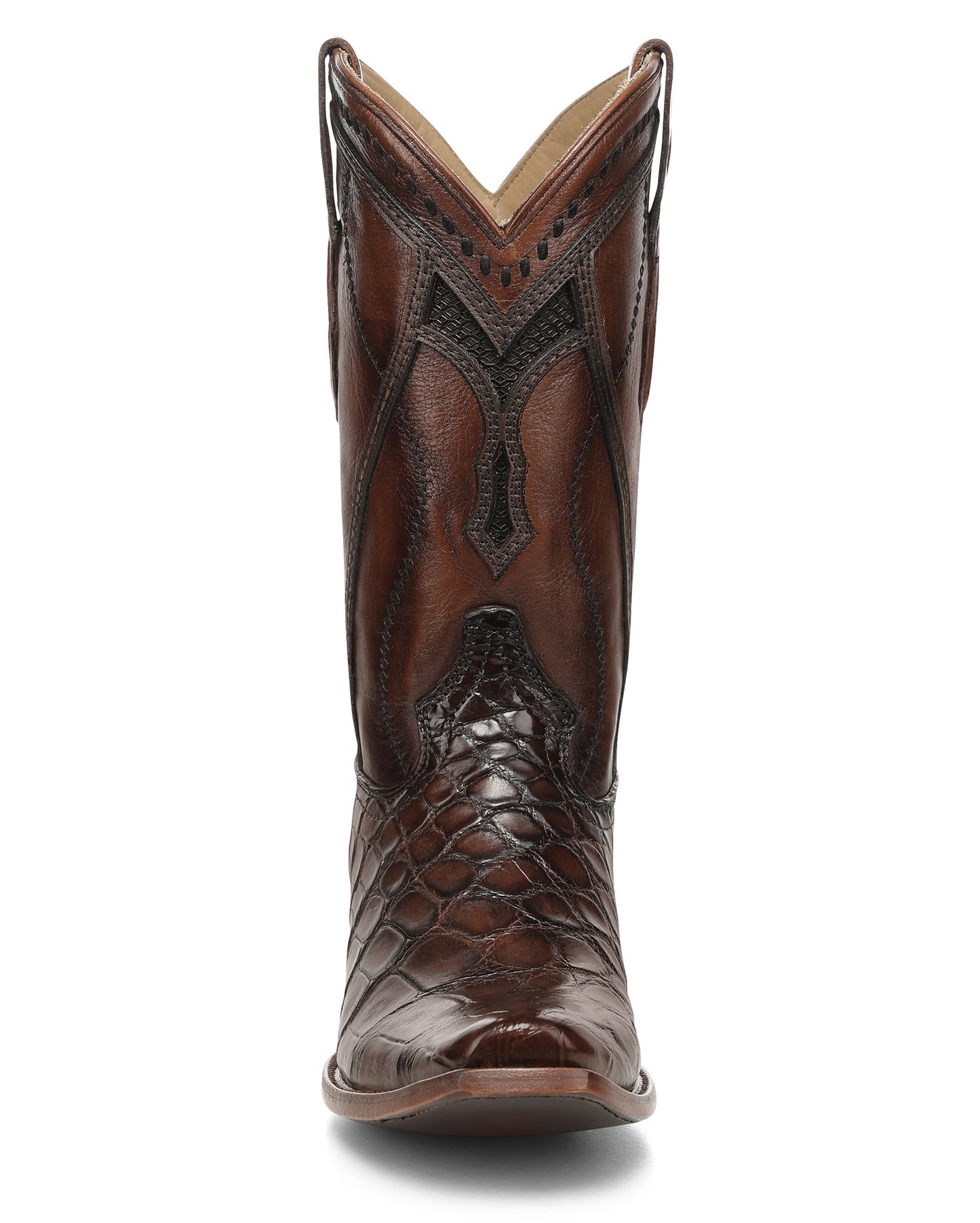 Men's Honey Alligator Inlay & Embroidery & Woven Narrow Square Toe Western Boots - A5105