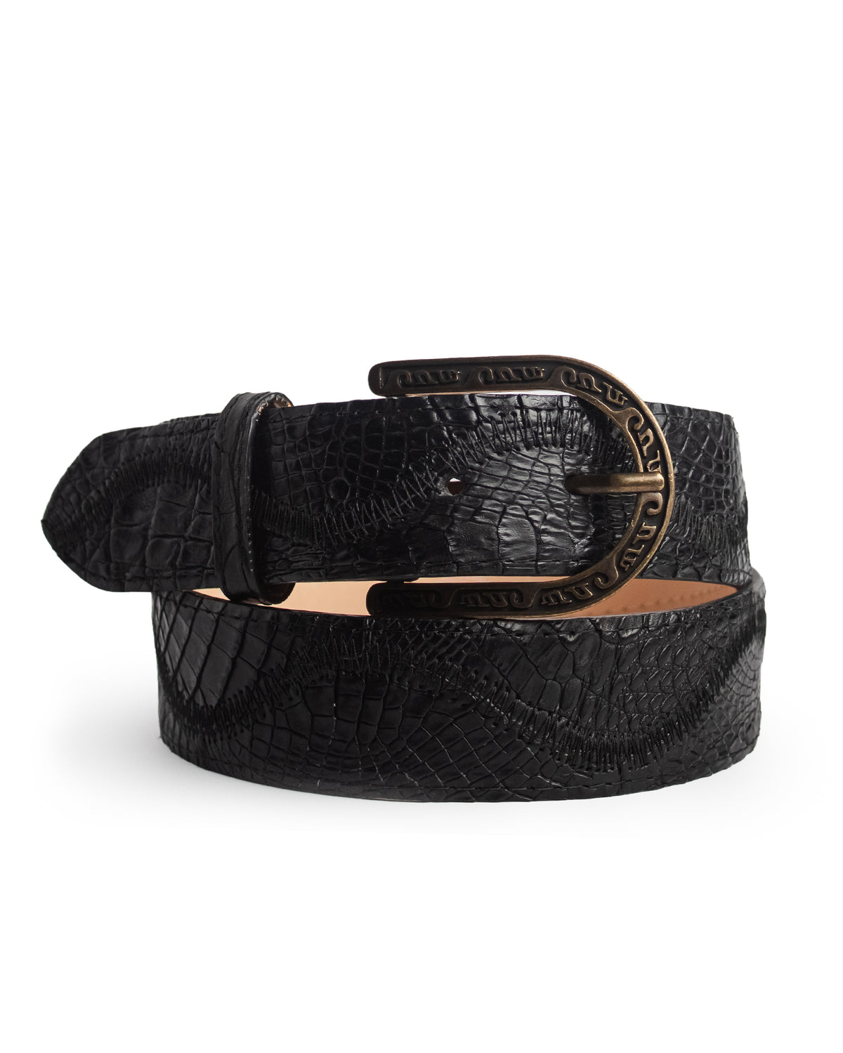 Mn Black Caiman Embroidery & Patchwork Waves Belt - Cb302