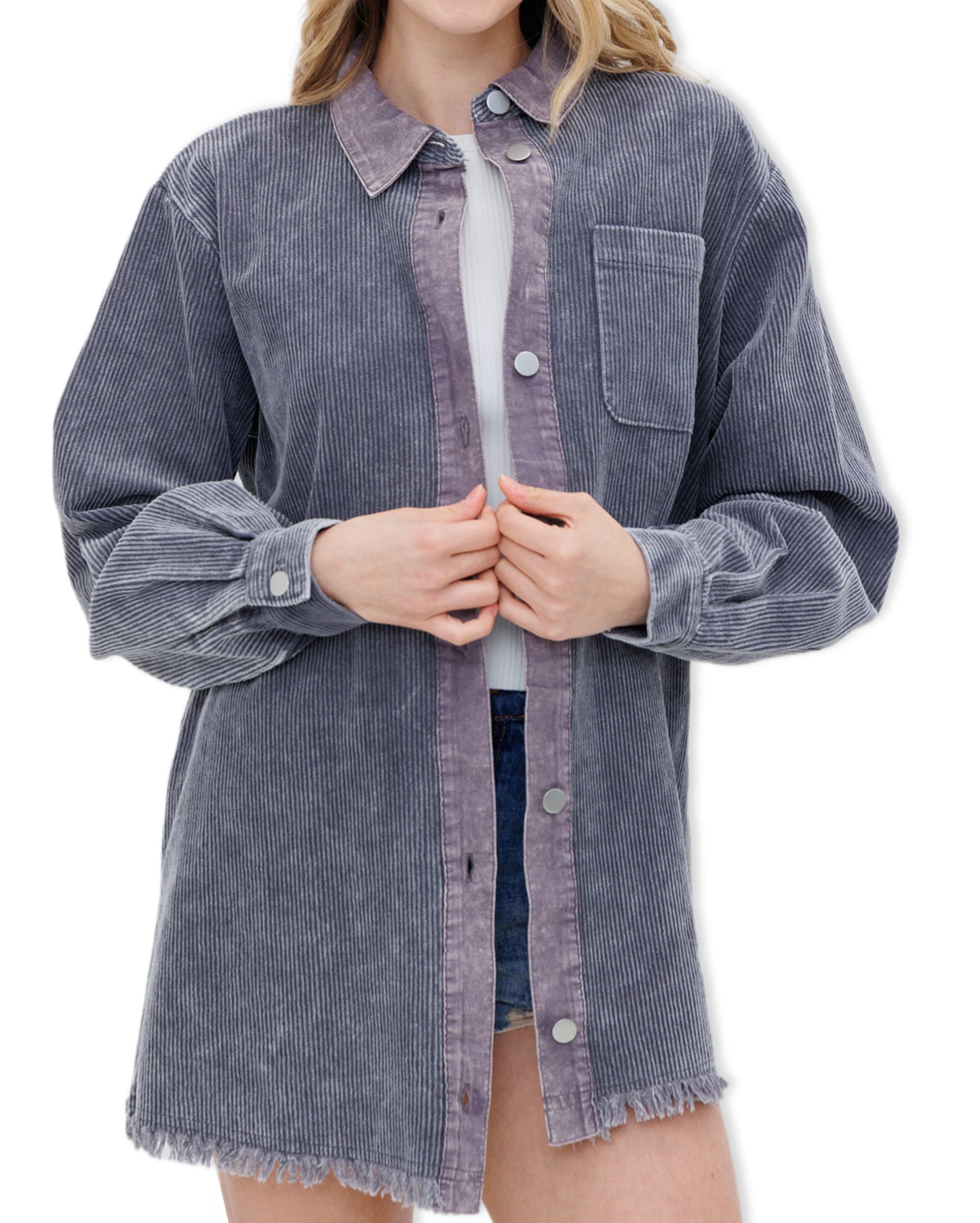 Women's Garment Washed Corduory Jacket - 22138J-Charcoal