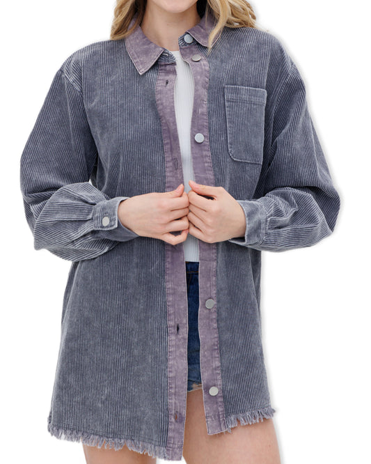 Women's Garment Washed Corduory Jacket - 22138J-Charcoal