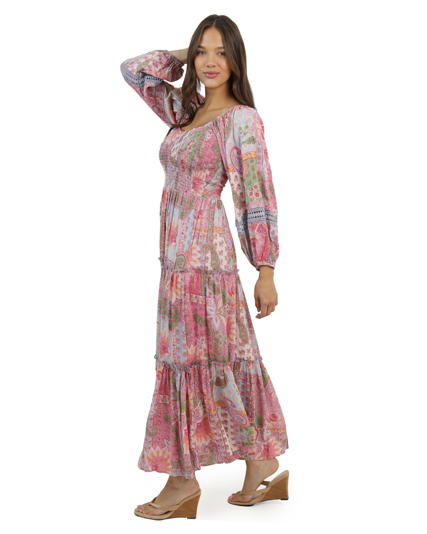 Women's Sweetheart Paisley Print Long Sleeve Maxi Dress - C4626-W909-Fuschia-Multi