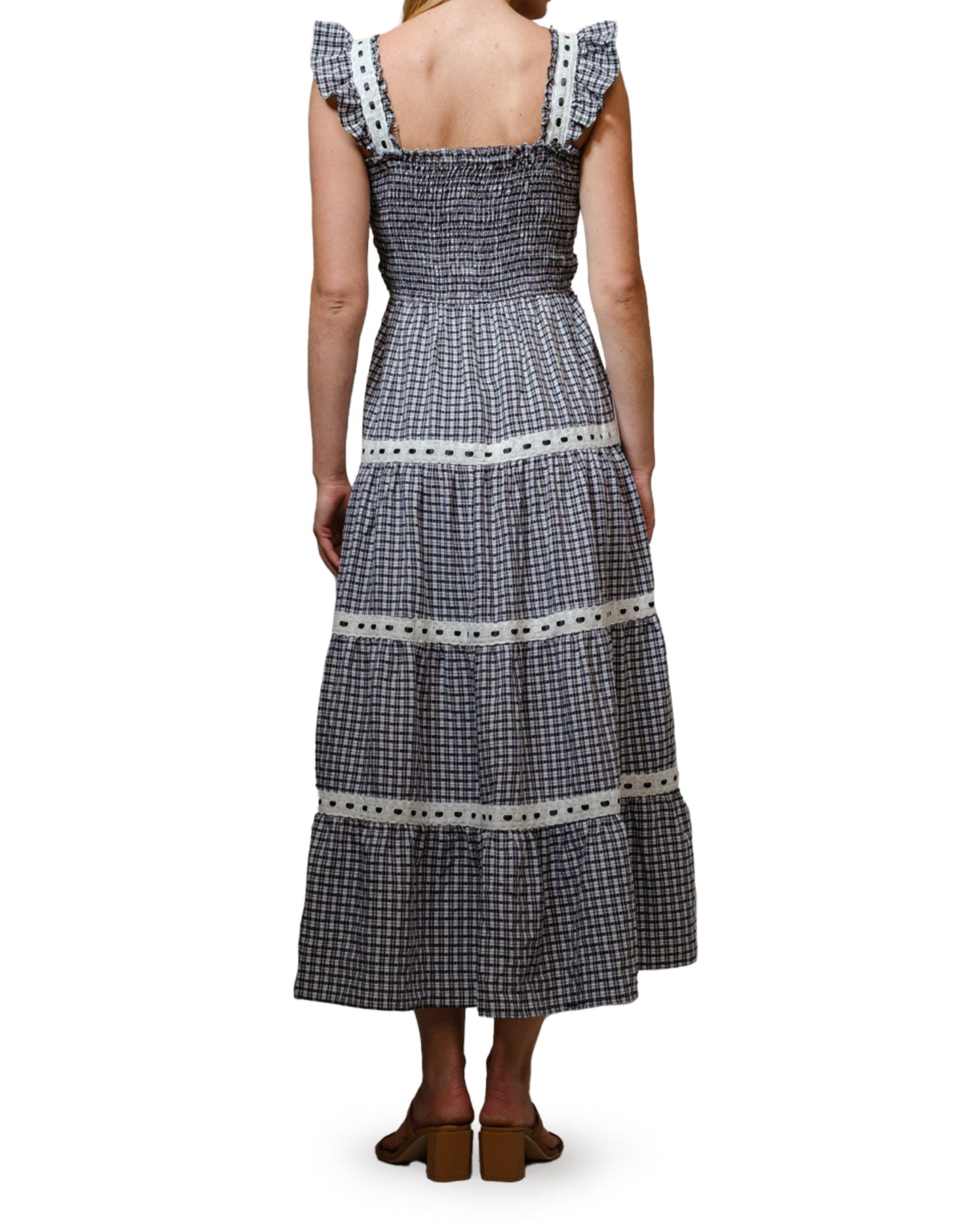 Women's Shoulder Lace Trim Smocked Maxi Dress