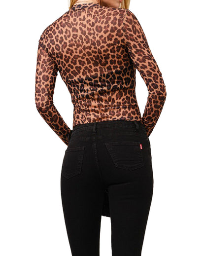 Women's Leopard Mesh Mock Neck Fitted Top