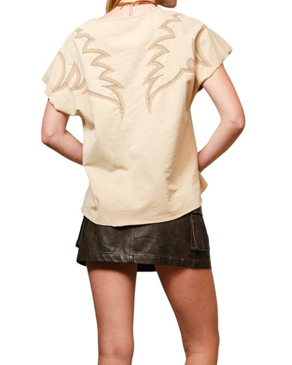 Women's Dolmen Boots Stitch V-Neck French Terry T-Shirt