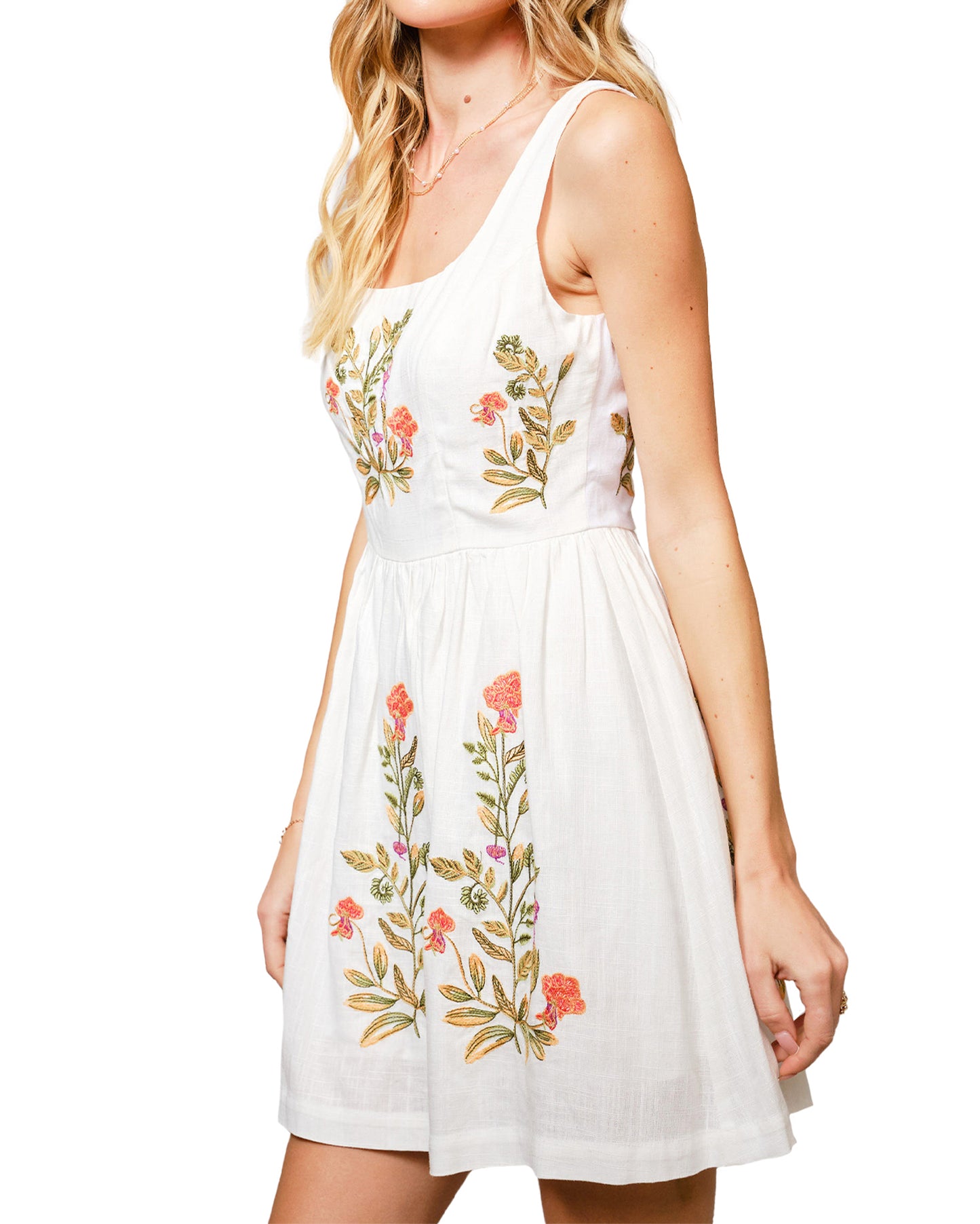 Women's Floral Embroidered Linen Mini Dress