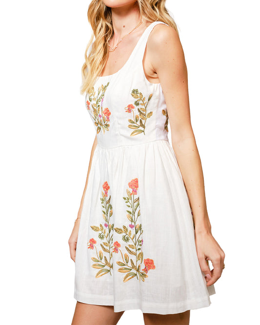 Women's Floral Embroidered Linen Mini Dress