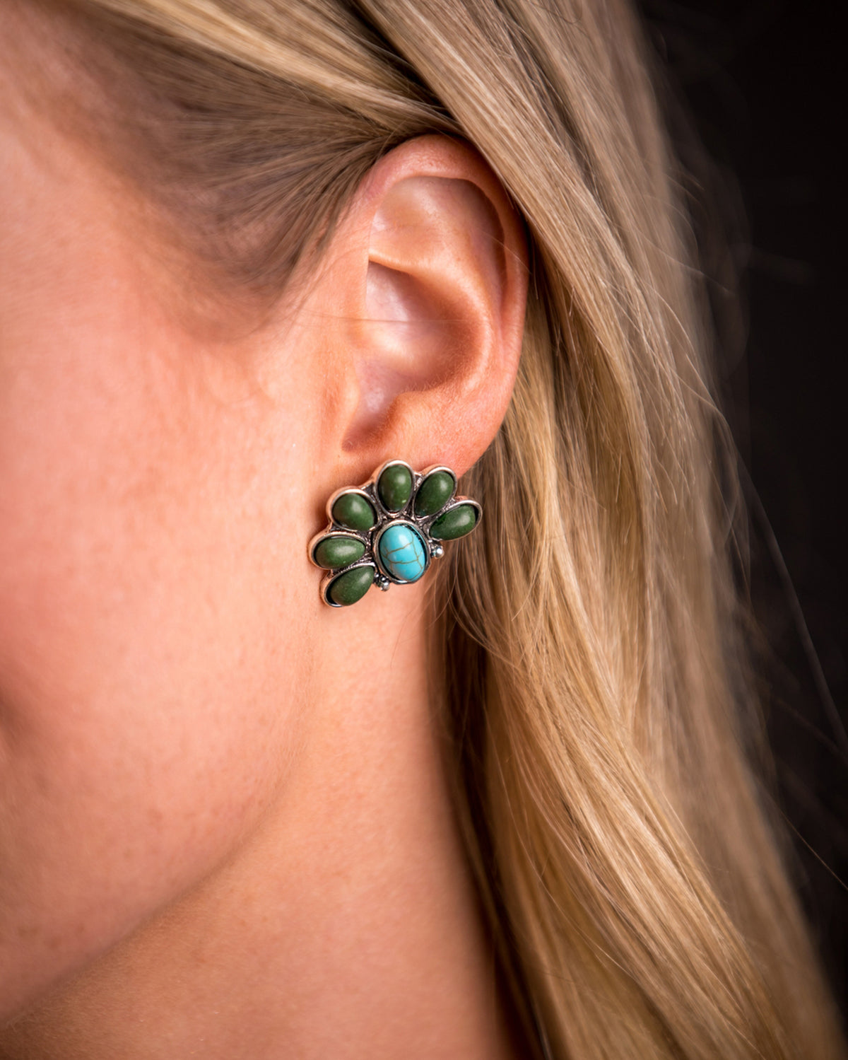 Women's 1" Turquoise And Green Half Flower Post Earring - E734Tqgrn