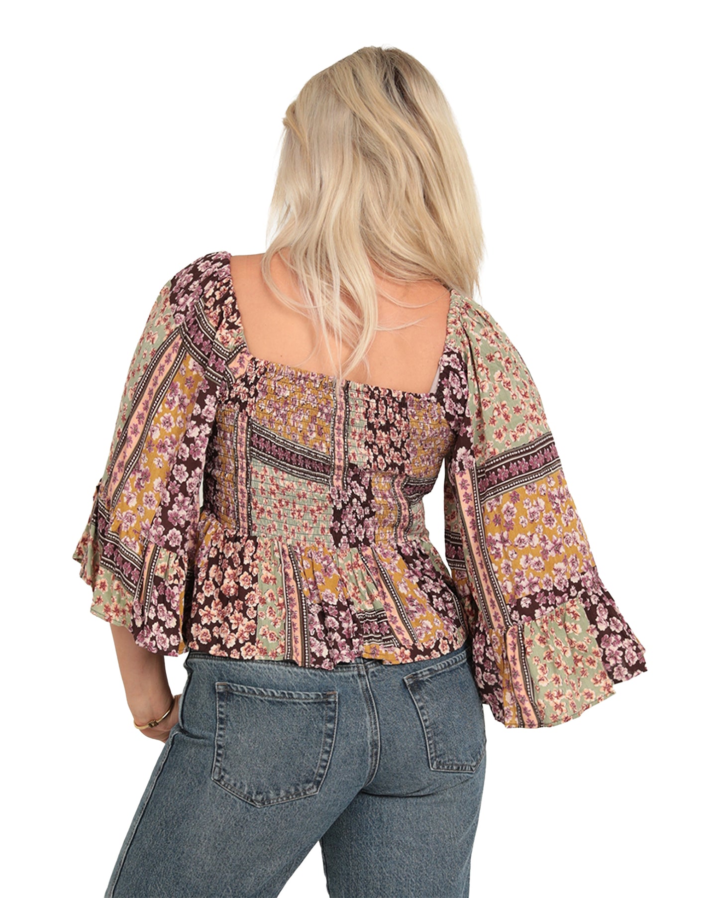 Women's Smocked Bodice Bell Sleeve Blouse - B2Mm6-A947-Brown-Pink