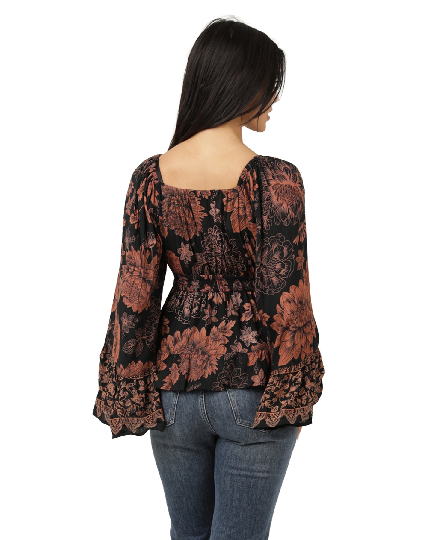 Women's V-Neck Bell Sleeve Blouse - C2D69-Wb08-Black