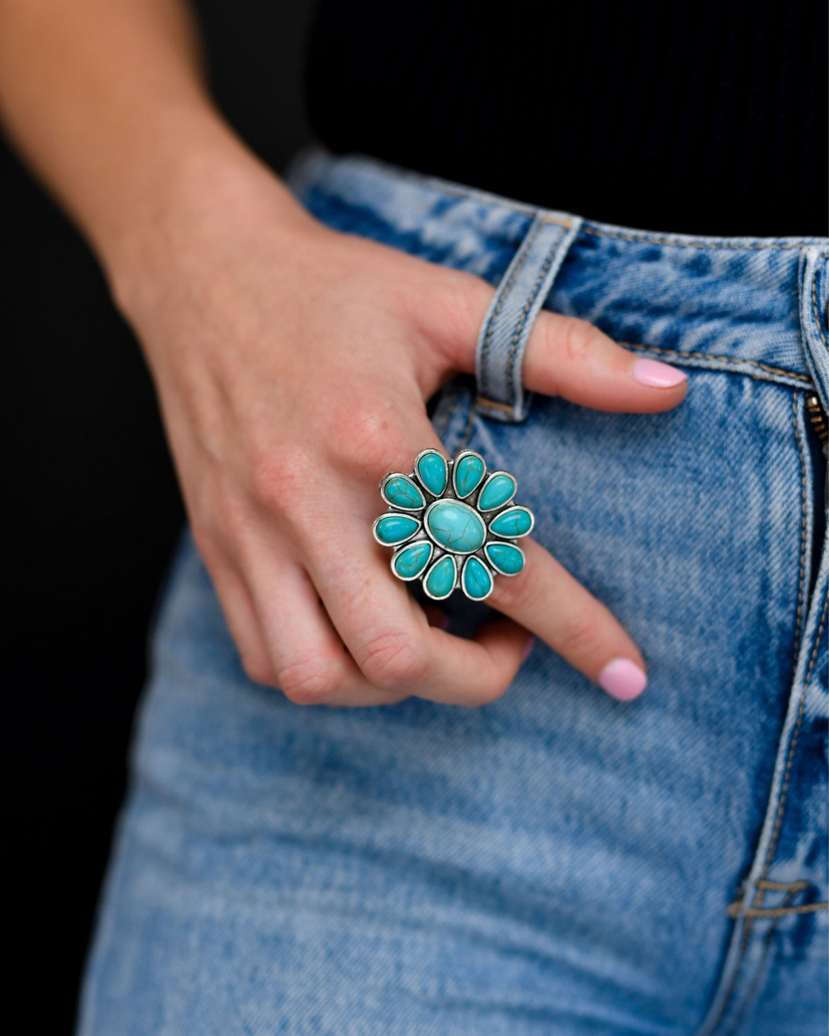 Women's Adjustable Turquoise Flower Cluster Ring - R269