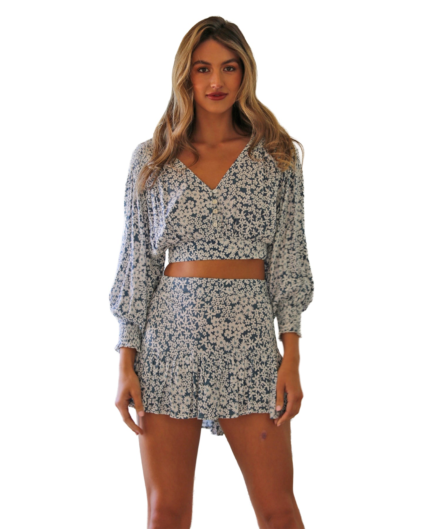Women's Long Sleeve Button Front Crop Top Blouse - F2633-Fp77-Floral