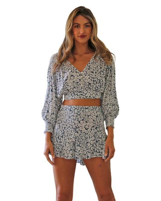 Women's Long Sleeve Button Front Crop Top Blouse - F2633-Fp77-Floral by Angie from Skip’s Western Outfitters | ANG-F2633-FP77-FLORAL-S-FLORAL