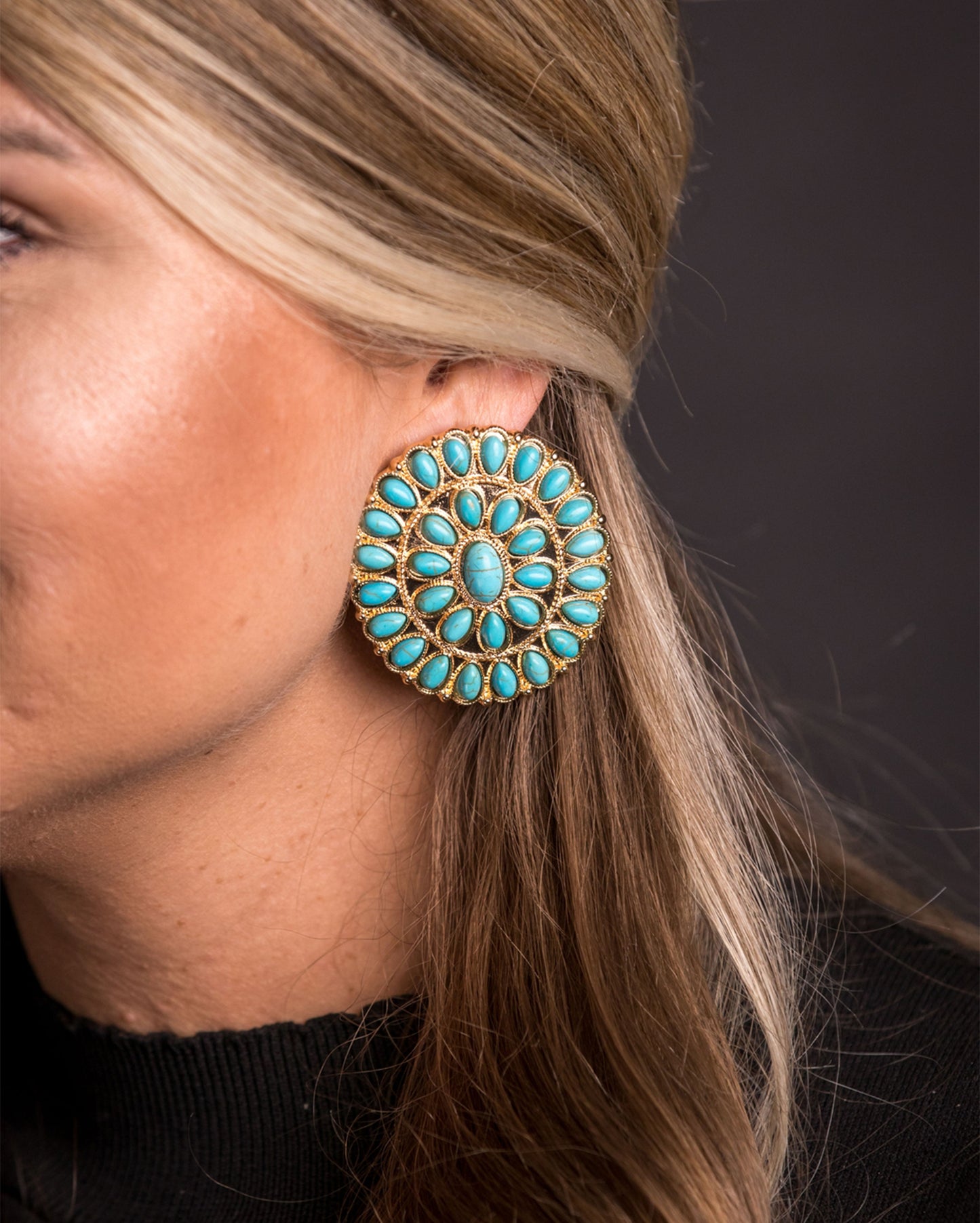 Women's Large Gold And Turquoise Cluster Post Earring - E731G