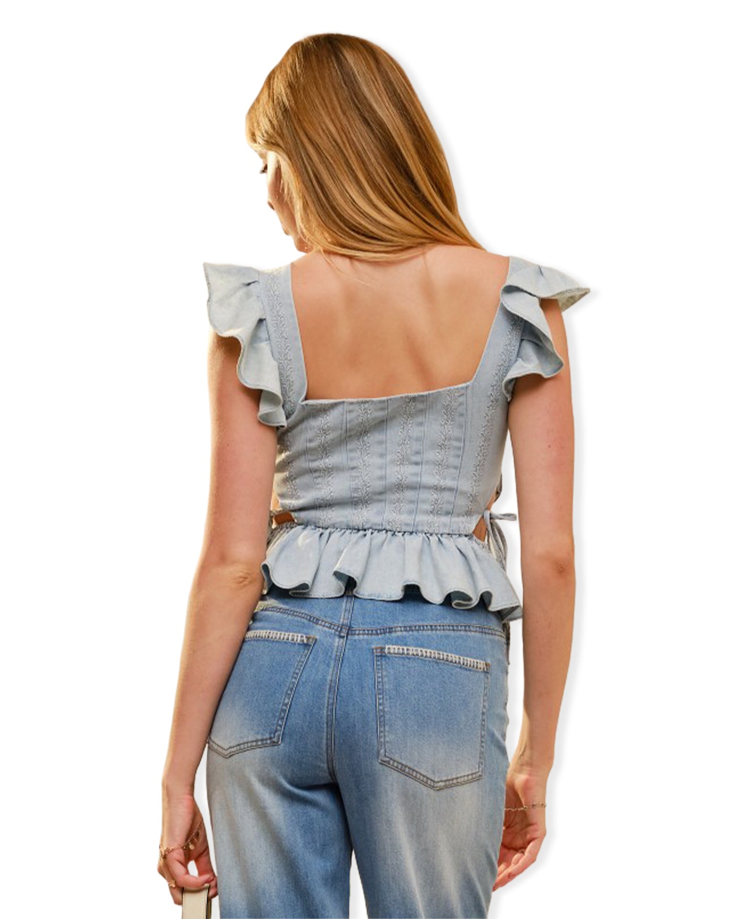 Women's Embroidered Ruffle Sleeve Denim Corset