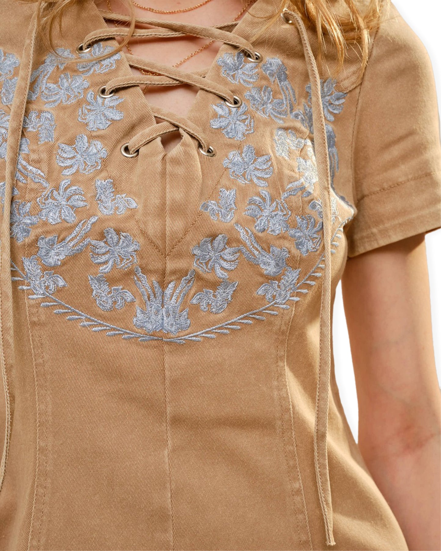 Women's Embroidered Lace Up Denim Mini Dress