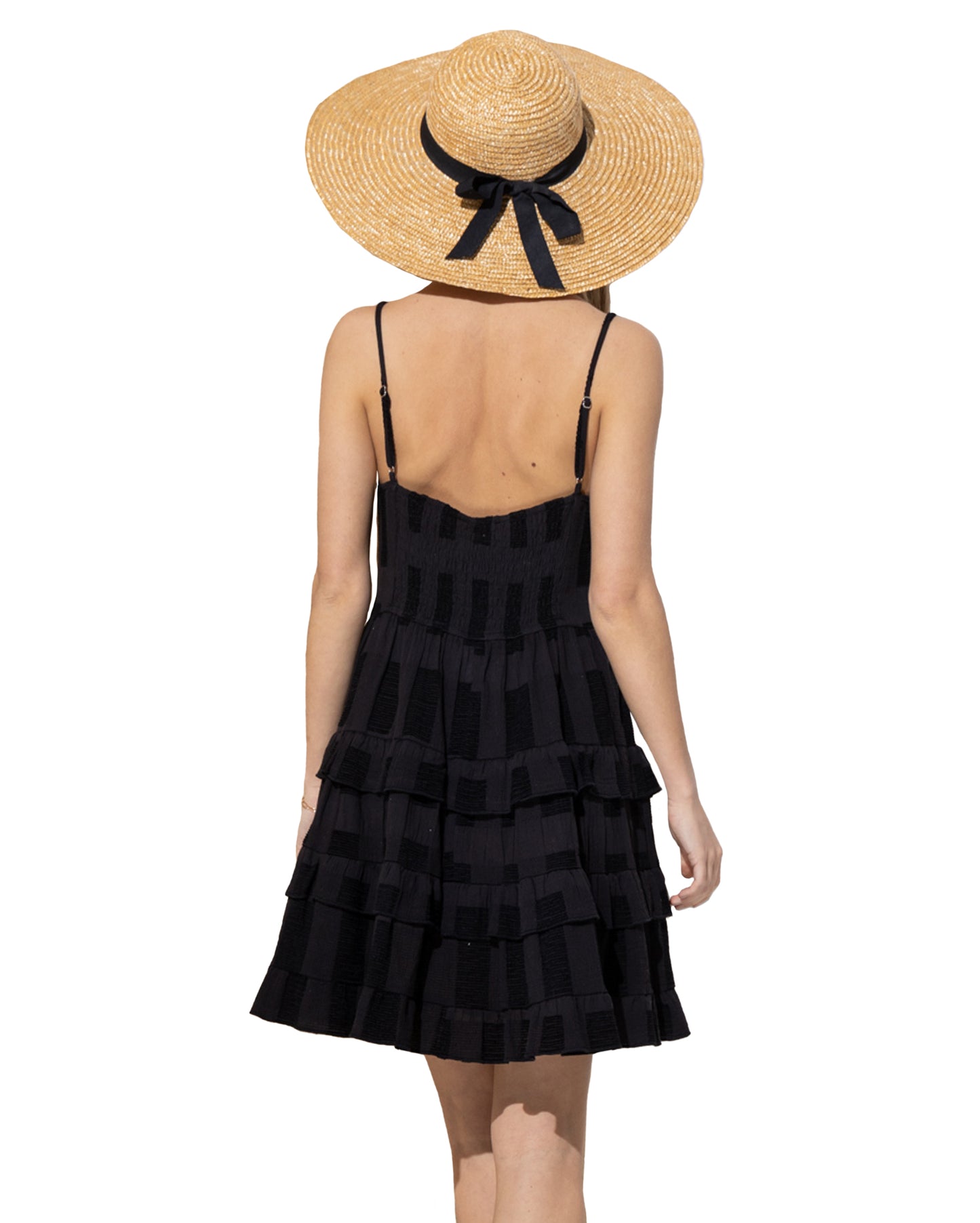 Women's Flocking Square Jacquard Solid Cami Tiered Ruffle Mini Dress