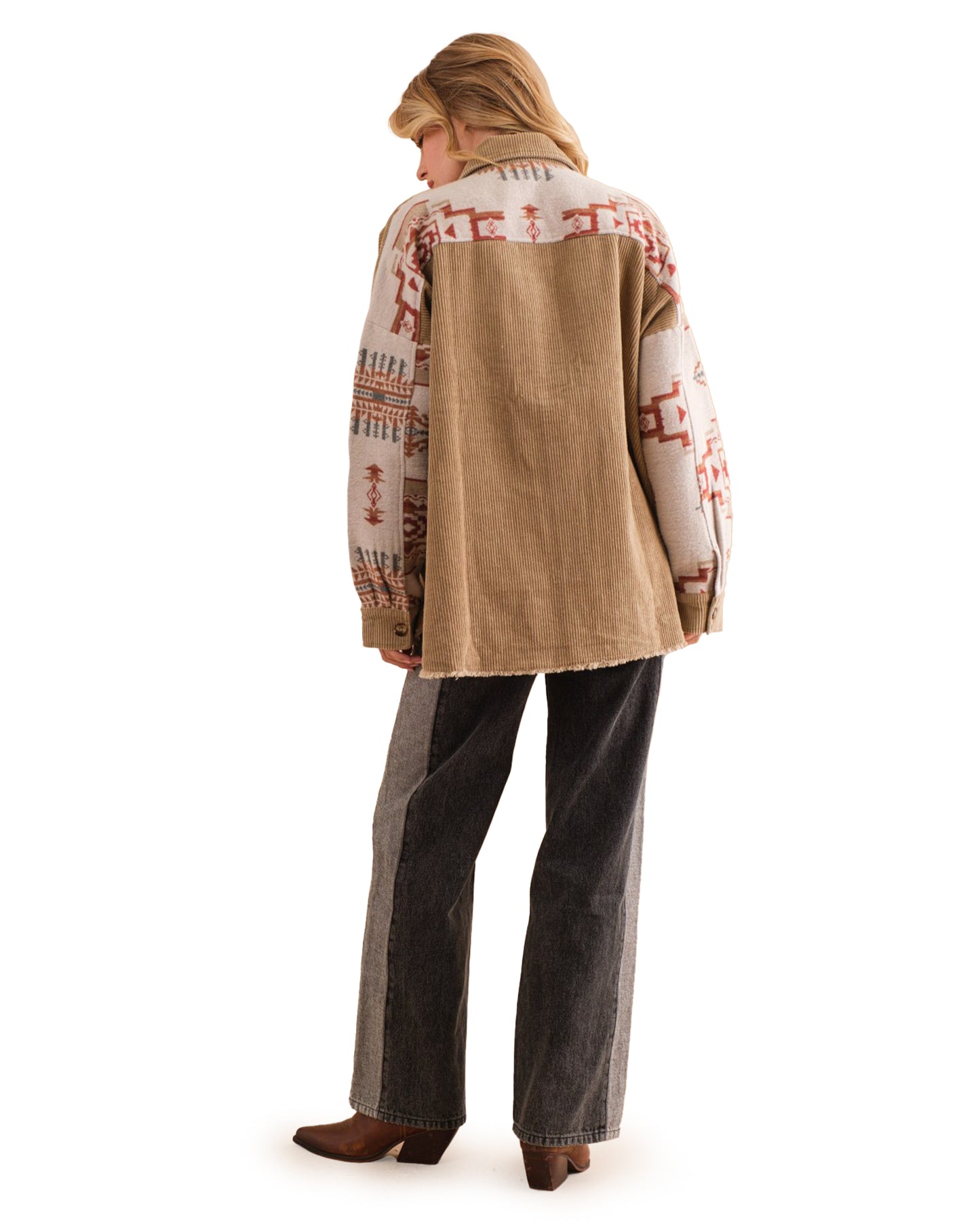 Women's Corduroy Aztec Contrast Button Up Shirt Jacket