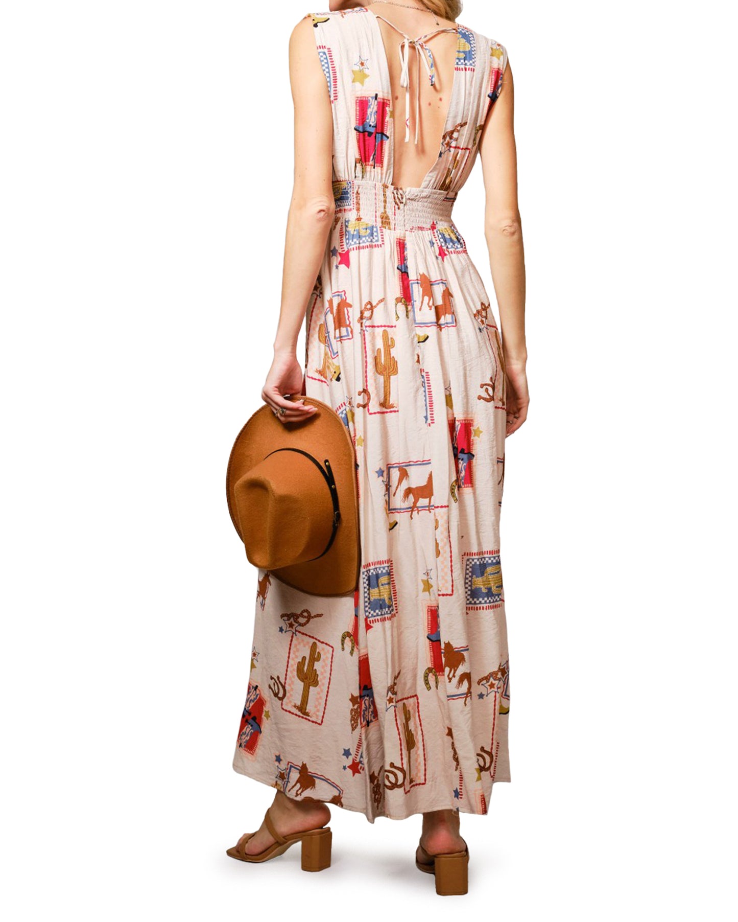 Women's Western Motif Tie-Front Maxi Dress