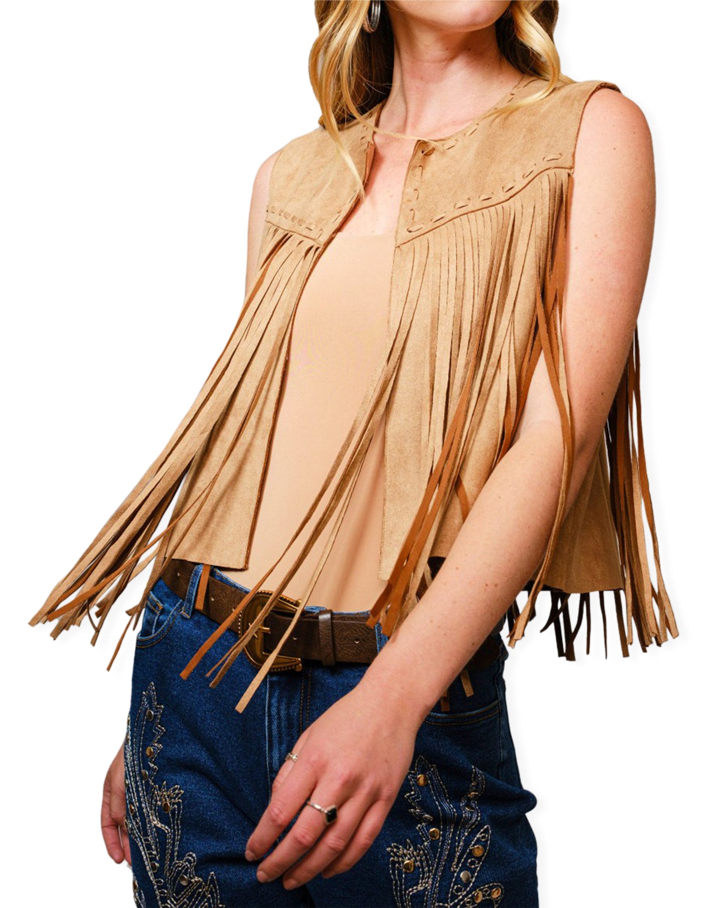 Women's Suede Fringe Western Vest by Blue B from Skip’s Western Outfitters | BLB-36665J-CAMEL-S-CAMEL