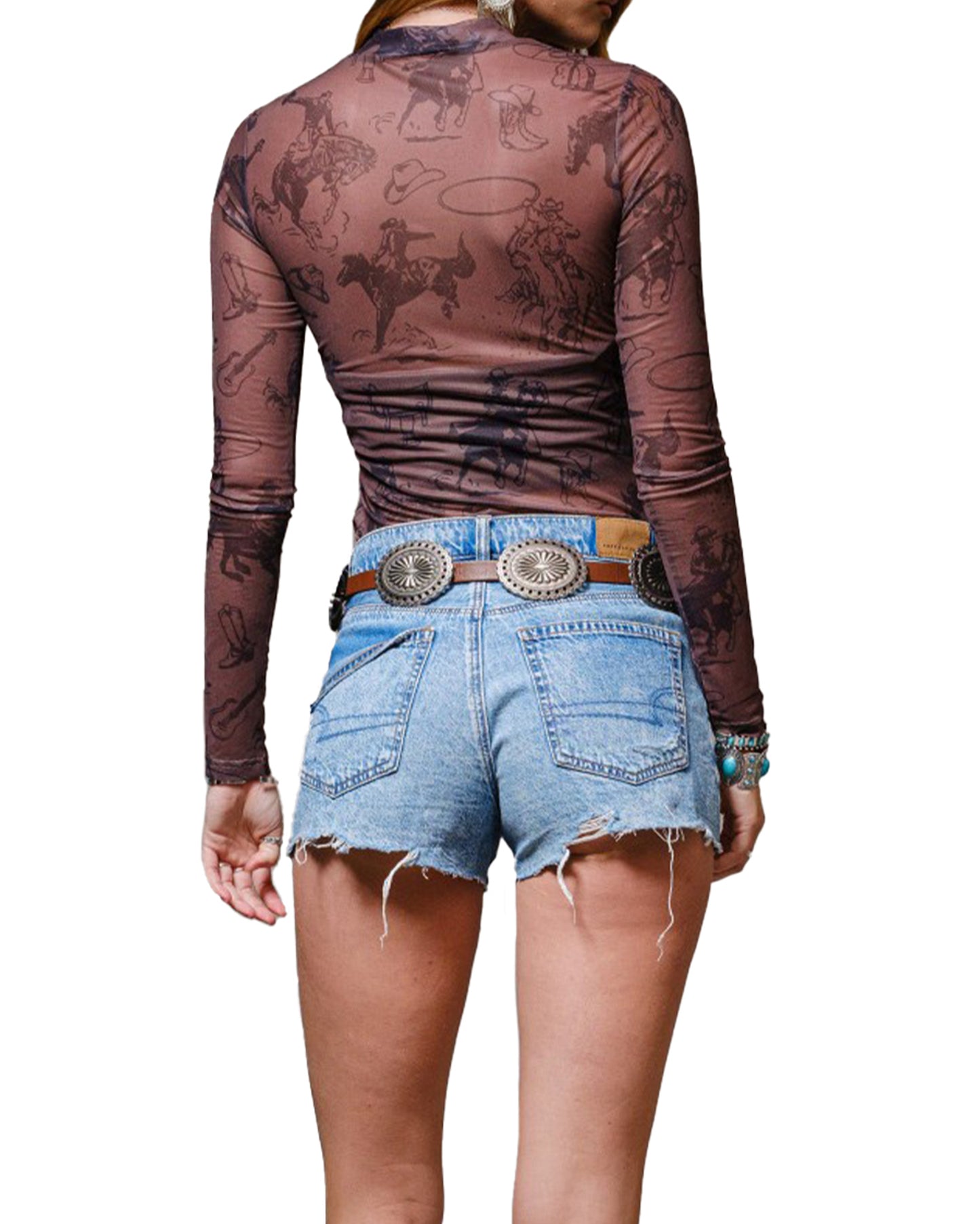 Women's Cowgirl Print Mesh Top