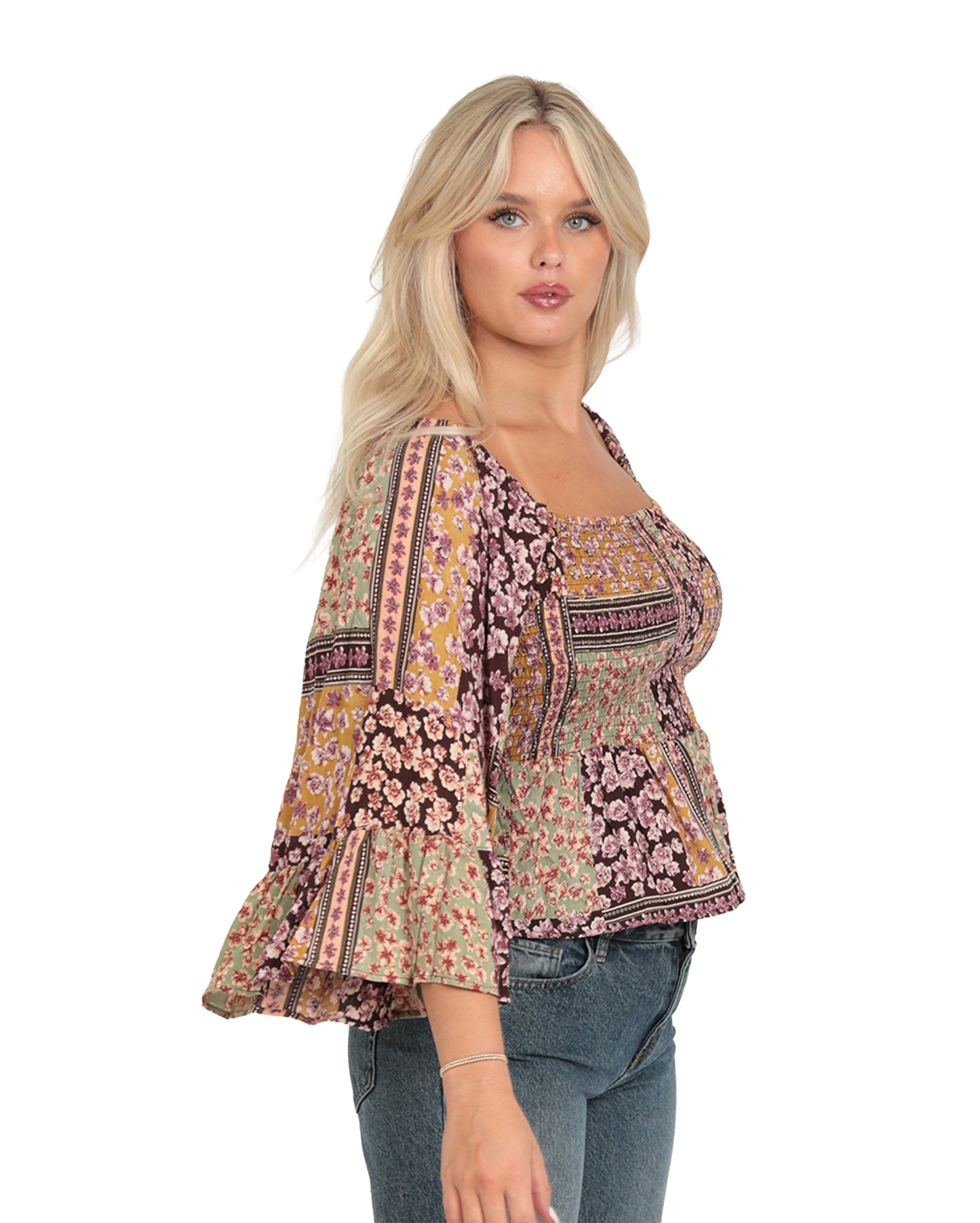 Women's Smocked Bodice Bell Sleeve Blouse - B2Mm6-A947-Brown-Pink