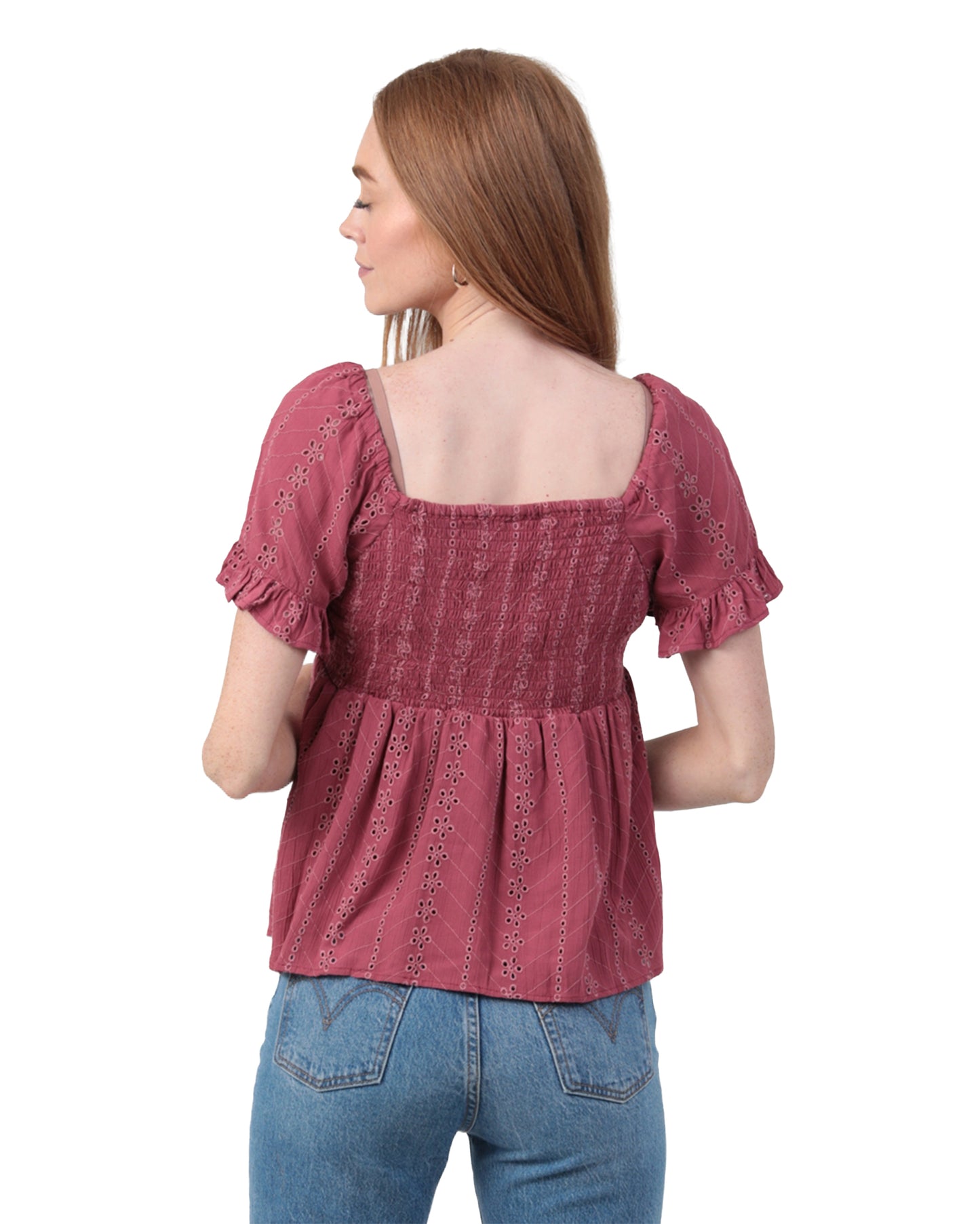 Women's Eyelet Embroidered Twist Front Blouse - C2186-Em08-Dried Rose