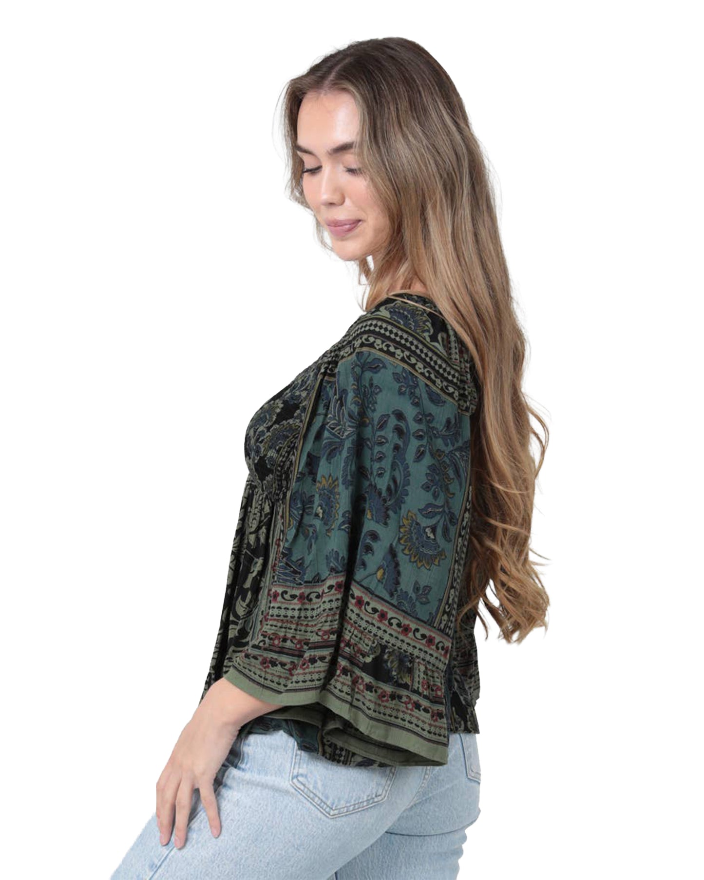 Women's V-Neck Smocked Bodice Blouse - C2584-A908-Green