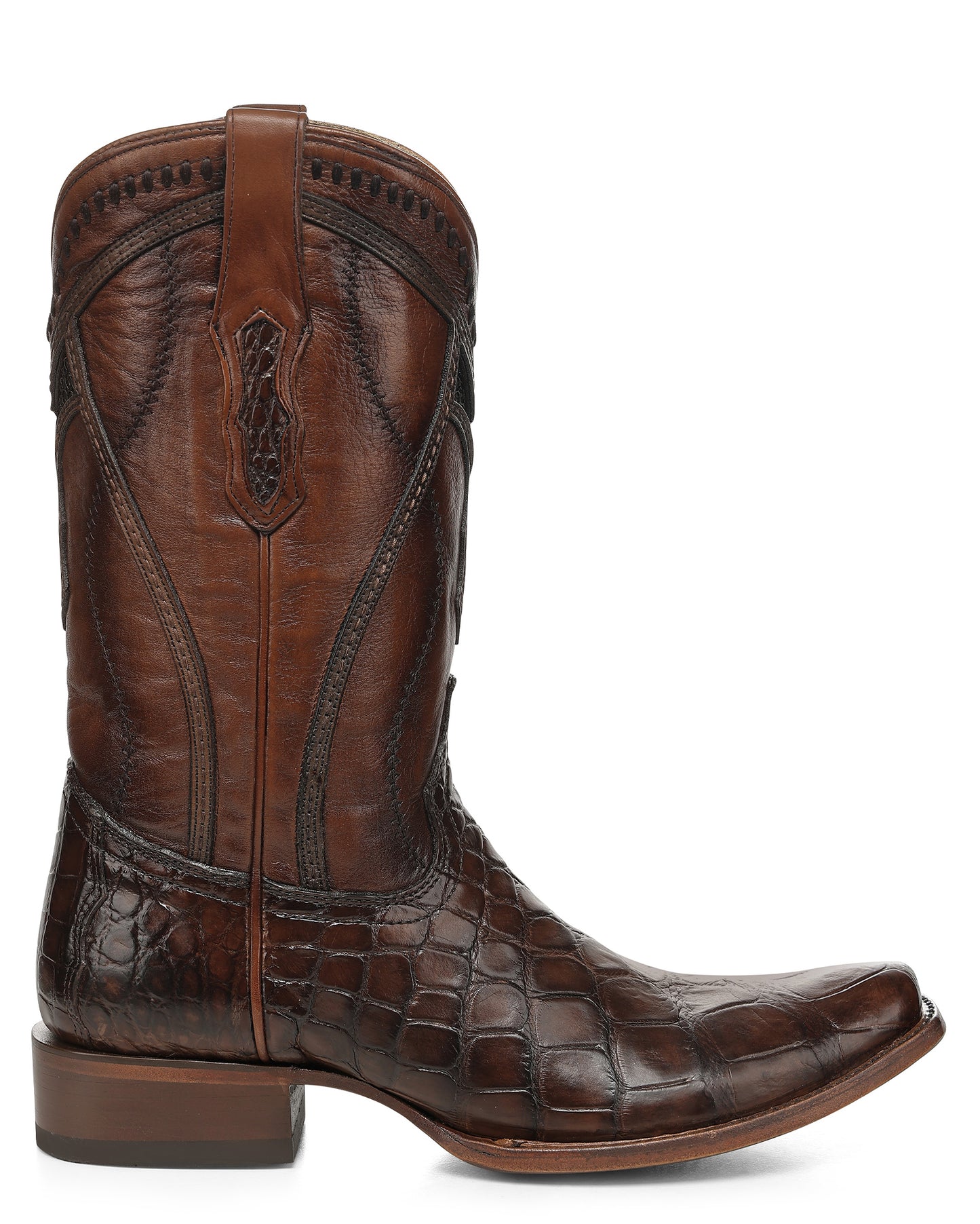 Men's Honey Alligator Inlay & Embroidery & Woven Narrow Square Toe Western Boots - A5105