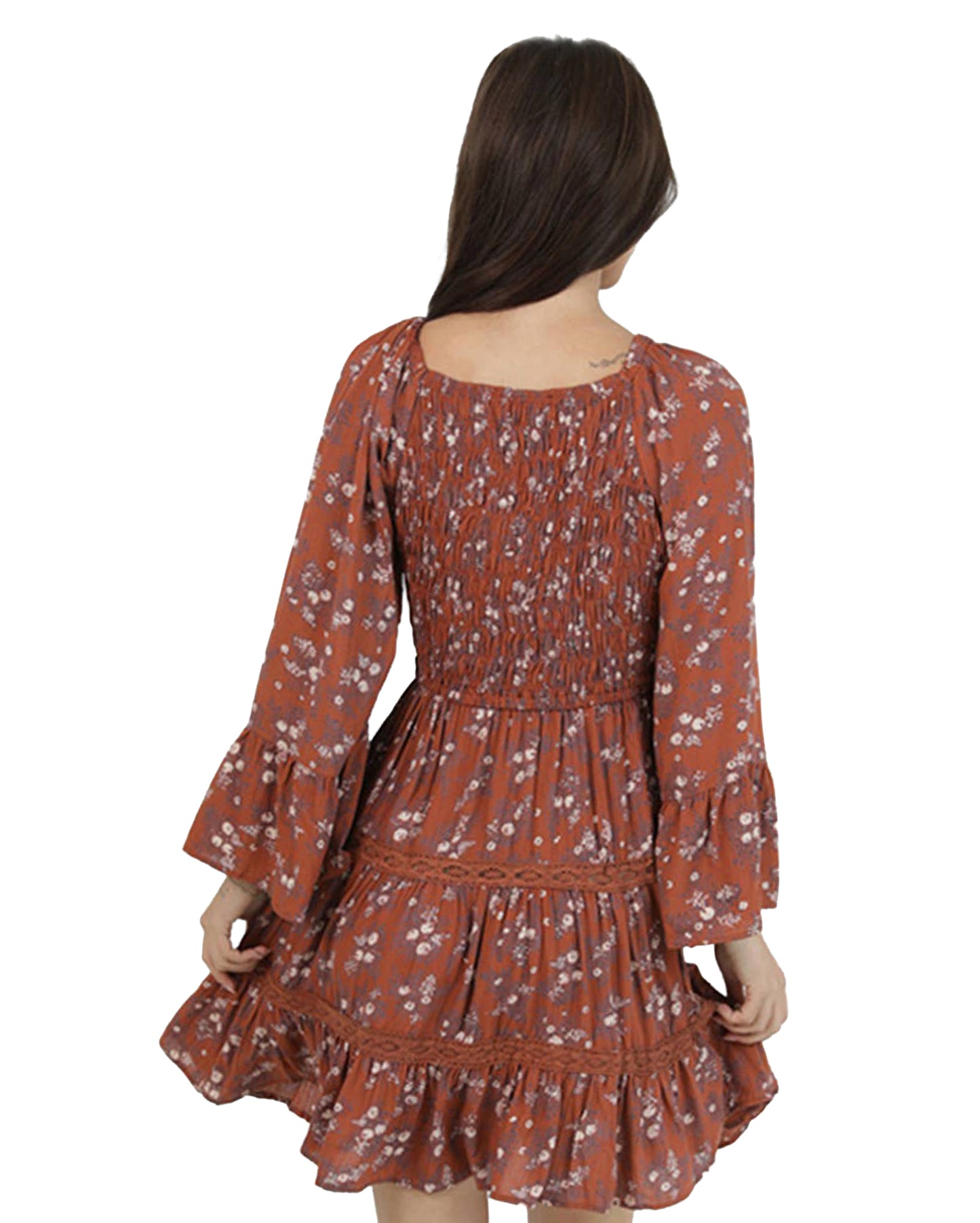 Women's Smocked V-Neck Long Sleeve Mini Dress - C4D35-Wa40-Rust