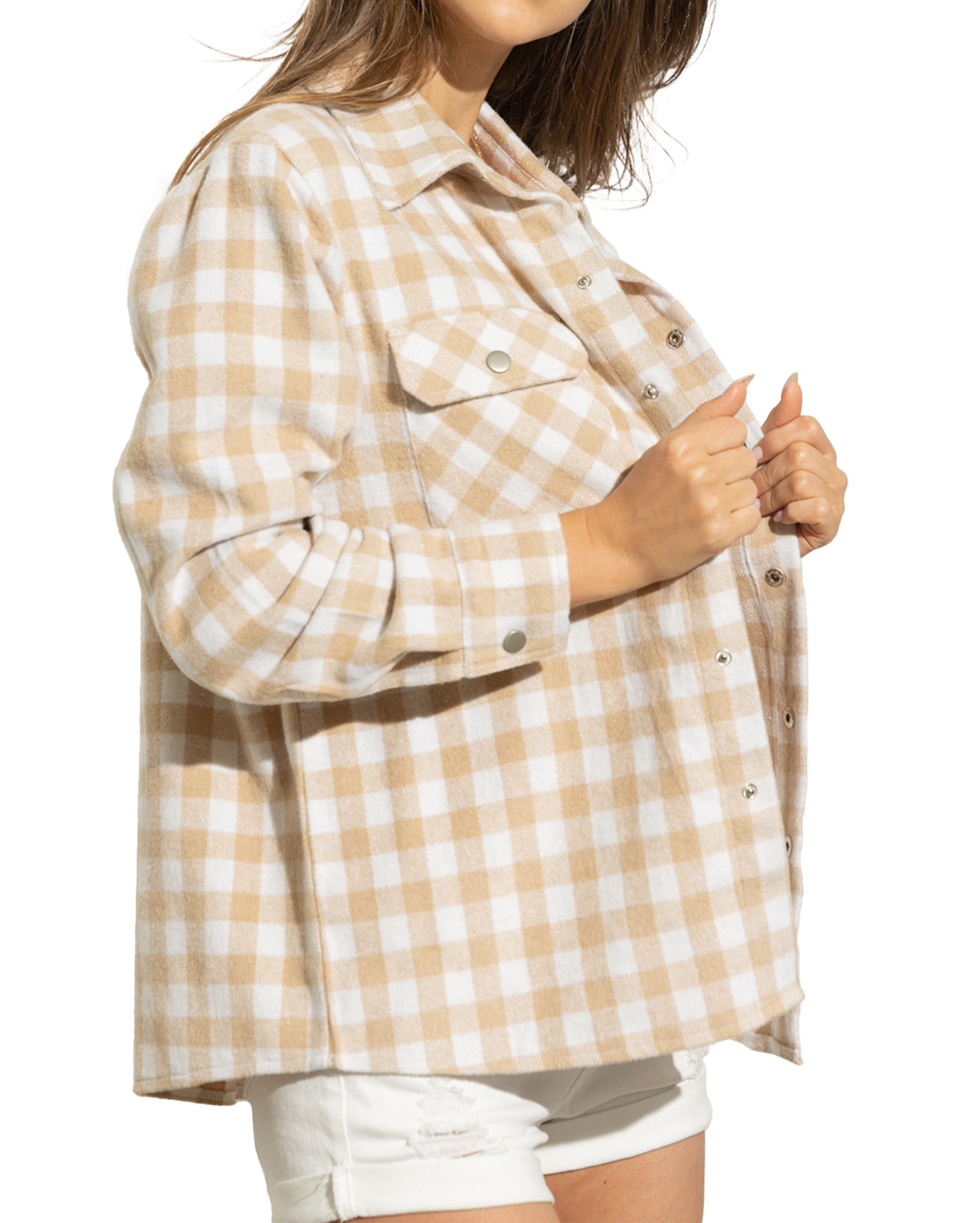 Women's Gingham Yarn Dyed Pocket Front Shirt Jacket