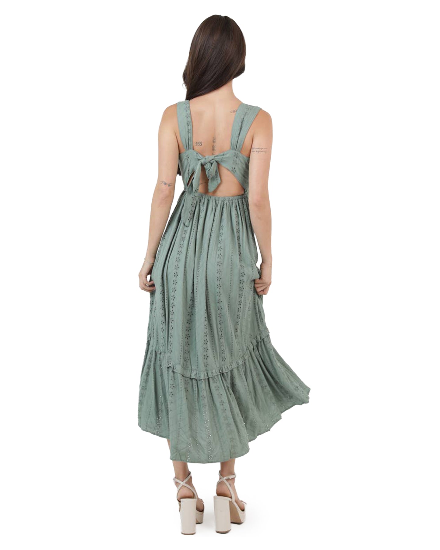 Women's Eyelet Embrodiered Slit Maxi Dress - C4E24-Em08-Olive