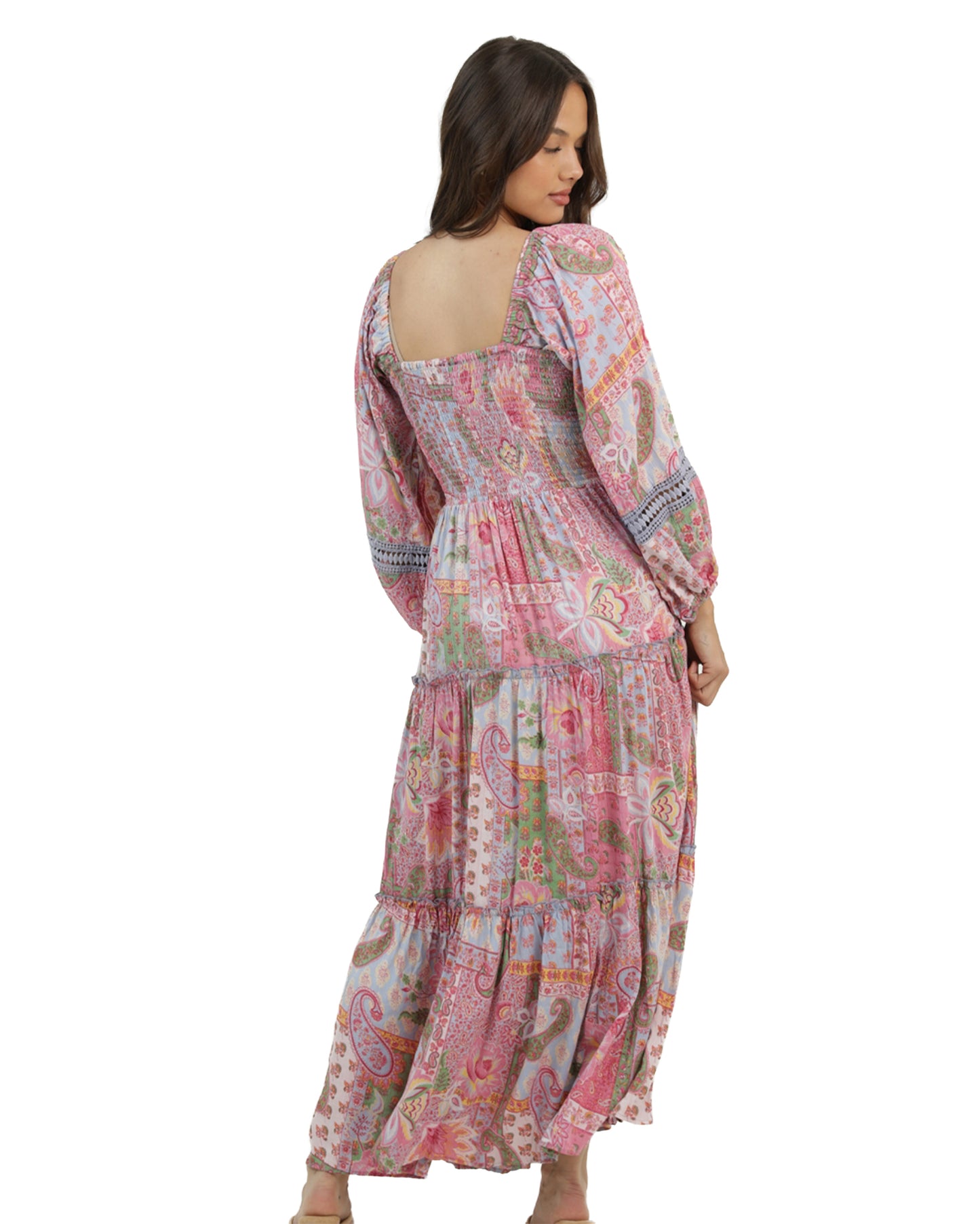 Women's Sweetheart Paisley Print Long Sleeve Maxi Dress - C4626-W909-Fuschia-Multi