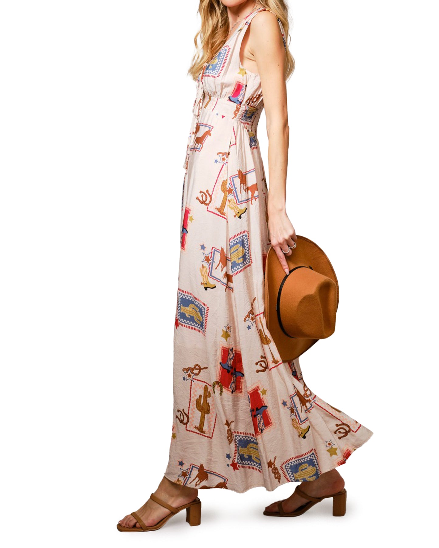 Women's Western Motif Tie-Front Maxi Dress