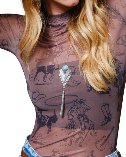 Women's Cowgirl Print Mesh Top