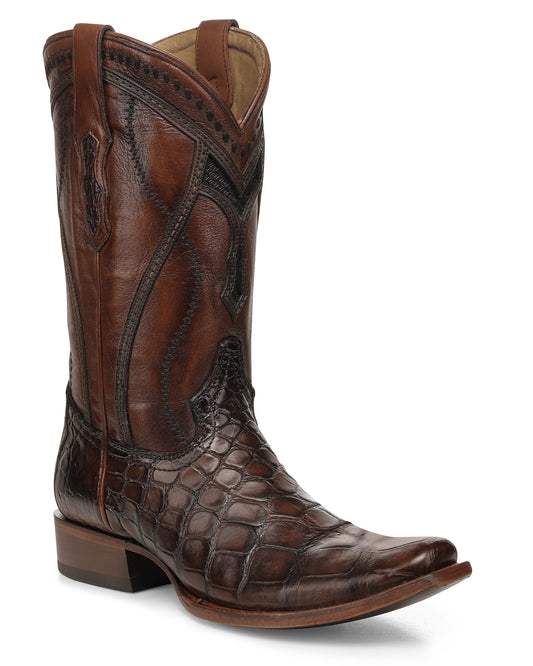 Men's Honey Alligator Inlay & Embroidery & Woven Narrow Square Toe Western Boots - A5105