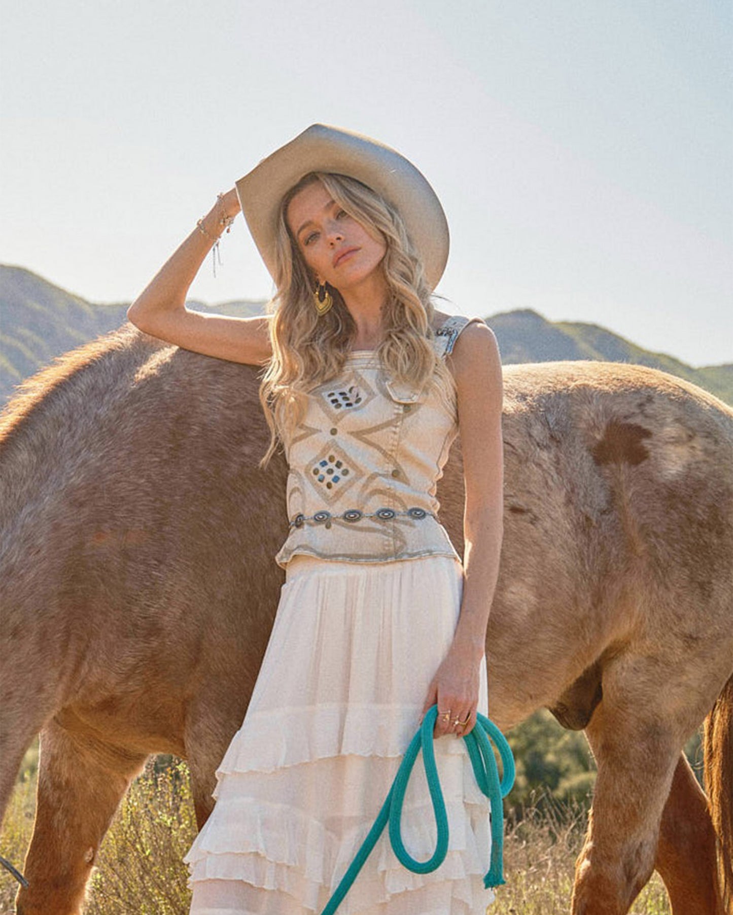 Women's Western Buckle Strap Embroidered Denim Top by Blue B from Skip’s Western Outfitters | BLB-23644T-SAND-S