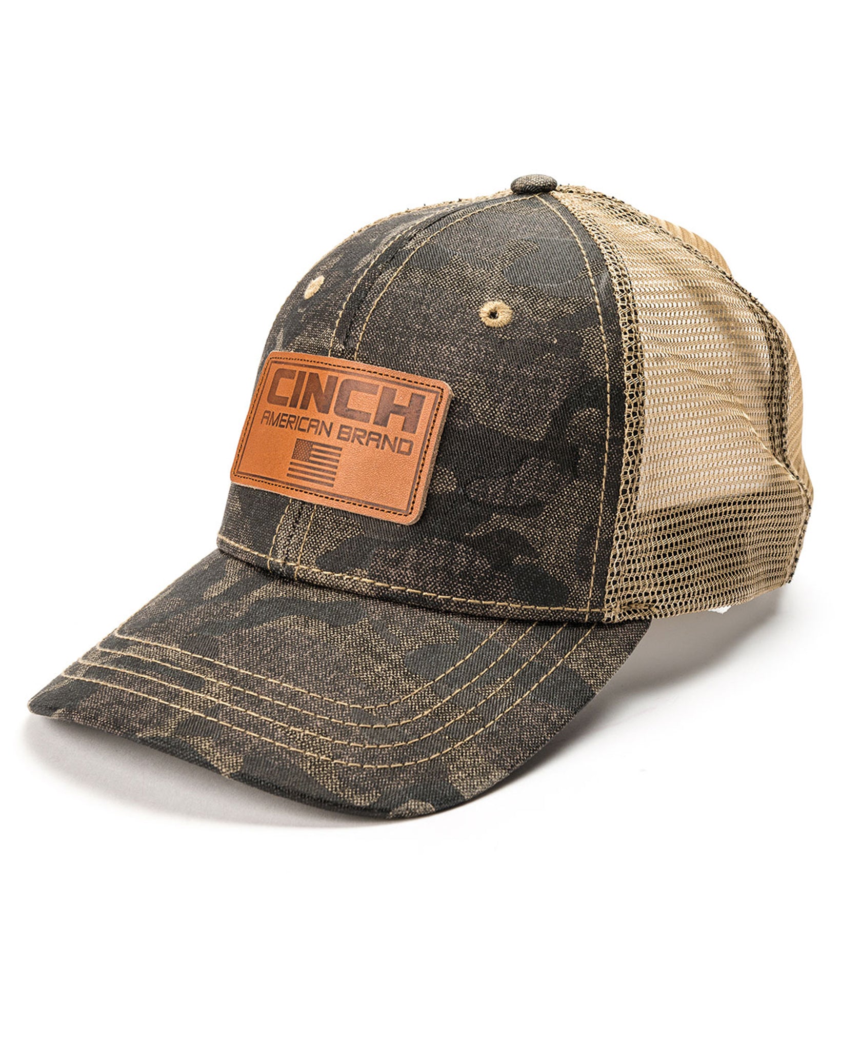 Leather Patch Camo Trucker Cap by Cinch from Skip’s Western Outfitters | CIN-MCC0038019-OSFA-BROWN-CAMO