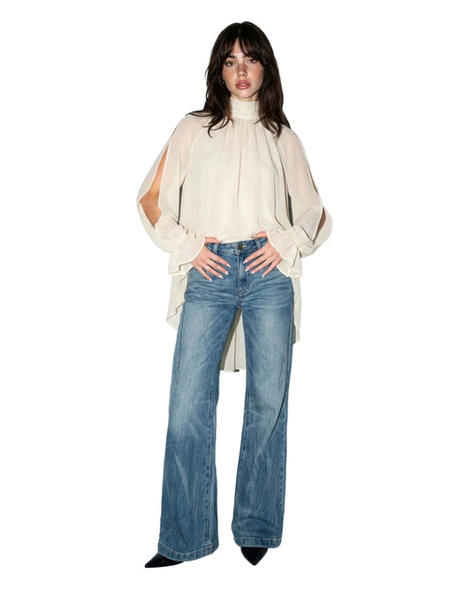 Women's Chiffon Cold-Shoulder High-Low Blouse - 13655Srl-Cream